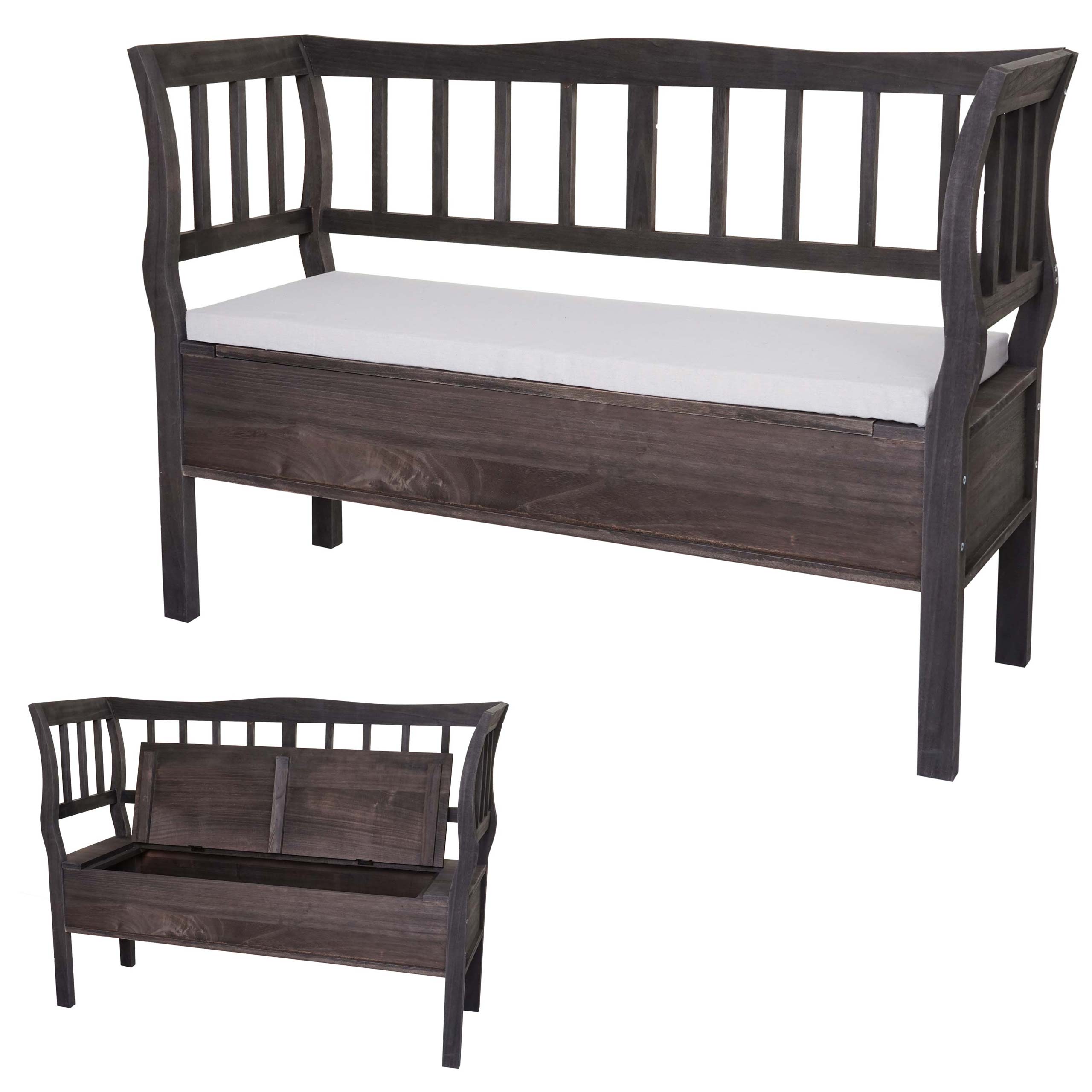 Sitzbank H207, Bank Truhenbank Holzbank Aufbewahrungstruhe, Staufach Kissen Holz 119cm ~ grau-braun, shabby - Bild 1
