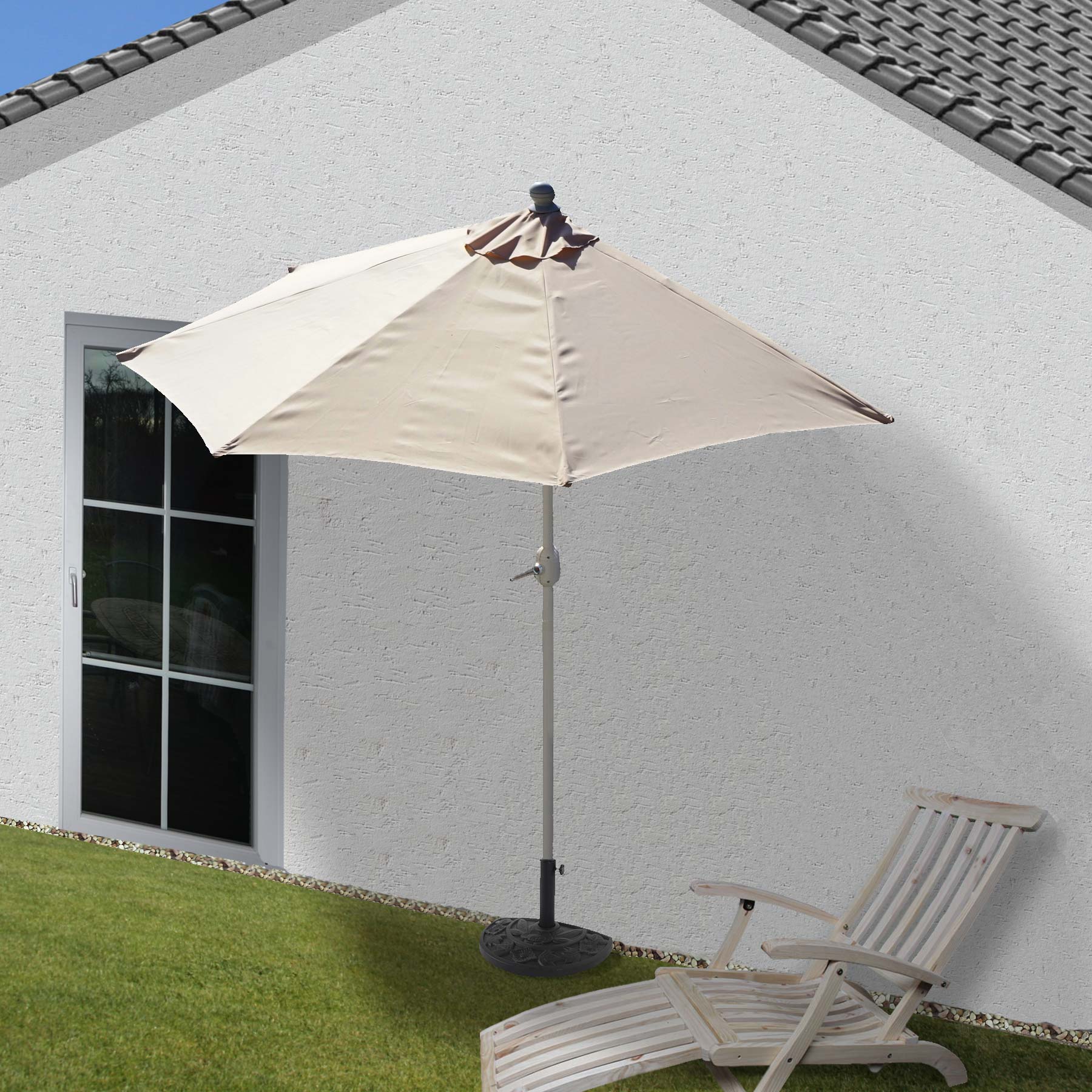 Sonnenschirm halbrund Lorca, Halbschirm Balkonschirm, UV 50+ Polyester/Alu 3kg ~ 270cm creme mit St&auml;nder - Bild 1