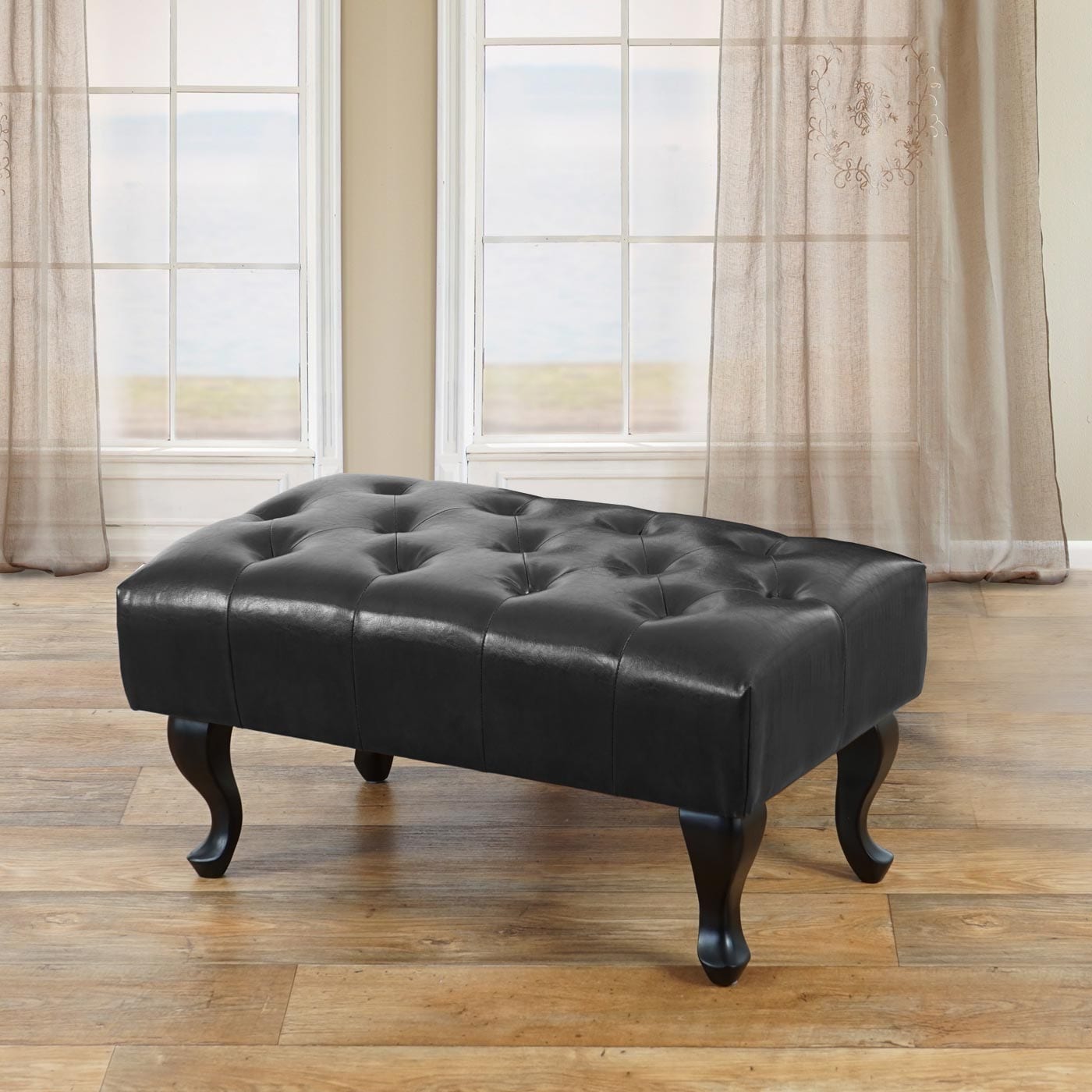 Ottomane Chesterfield Oxford, Sitzhocker Fu&szlig;ablage Hocker, wasserabweisend Kunstleder 39x77x47cm~ schwarz - Bild 1