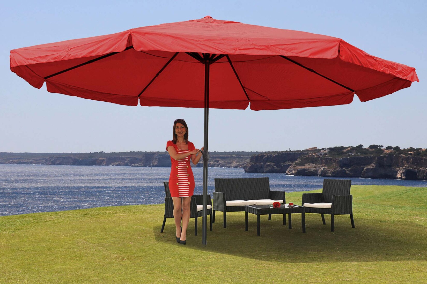 Sonnenschirm Carpi Pro, Gastronomie Marktschirm mit Volant Ø 5m Polyester/Alu 28kg ~ bordeaux ohne Ständer