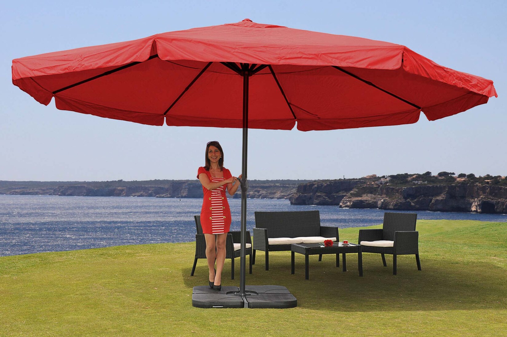 Sonnenschirm Carpi Pro, Gastronomie Marktschirm mit Volant Ø 5m Polyester/Alu 28kg ~ bordeaux mit Ständer