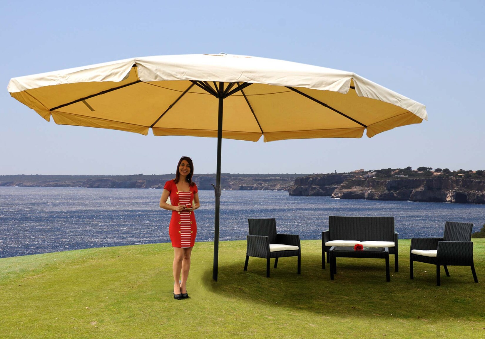 Sonnenschirm Carpi Pro, Gastronomie Marktschirm mit Volant Ø 5m Polyester/Alu 28kg ~ creme ohne Ständer