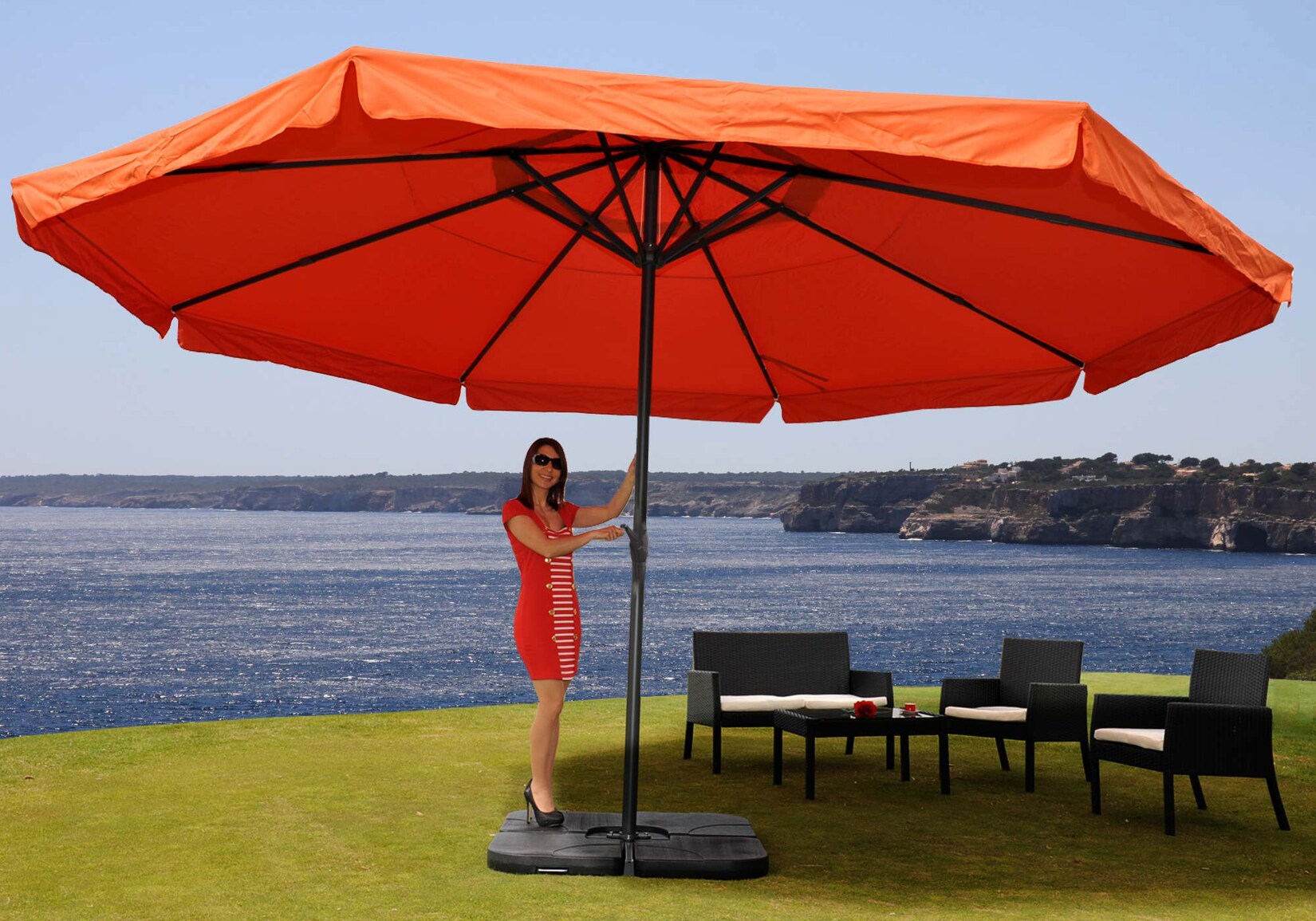 Sonnenschirm Carpi Pro, Gastronomie Marktschirm mit Volant Ø 5m Polyester/Alu 28kg ~ terracotta mit Ständer