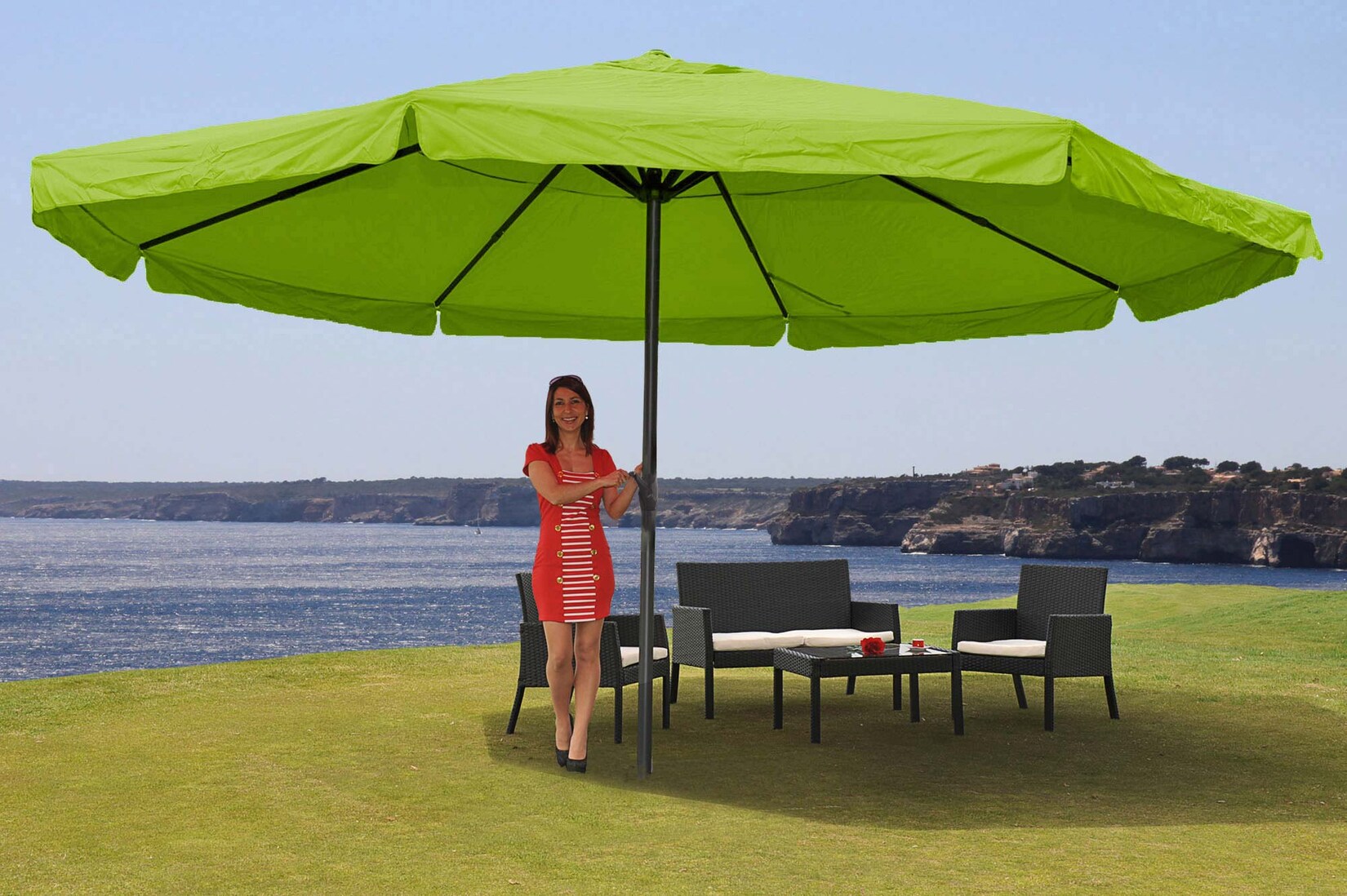 Sonnenschirm Carpi Pro, Gastronomie Marktschirm mit Volant Ø 5m Polyester/Alu 28kg ~ grün ohne Ständer