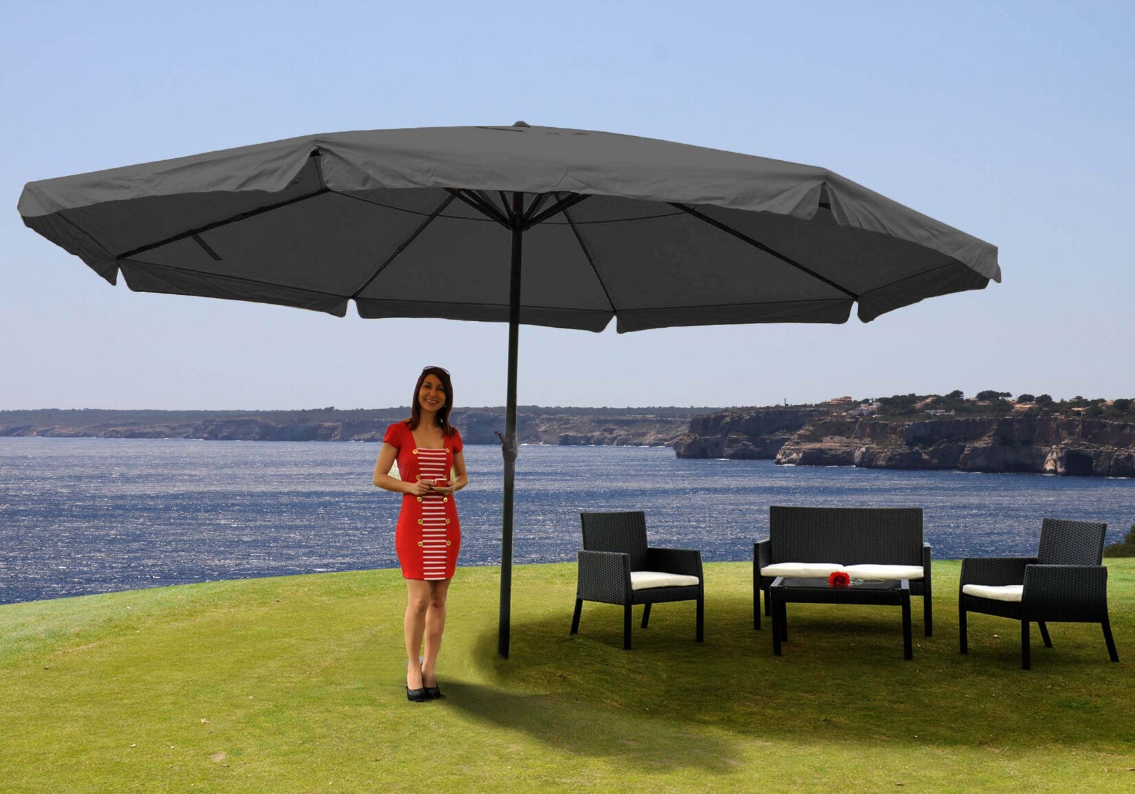 Sonnenschirm Carpi Pro, Gastronomie Marktschirm mit Volant Ø 5m Polyester/Alu 28kg ~ anthrazit ohne Ständer