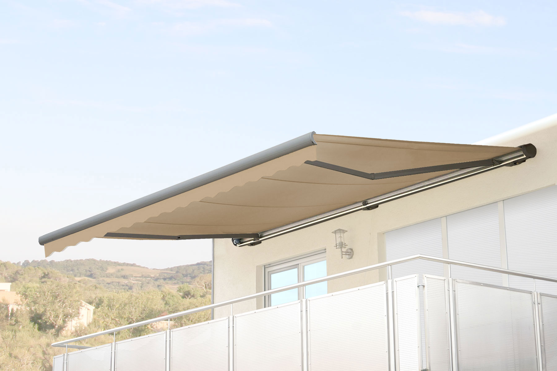 Elektrische Kassetten-Markise H124, Vollkassette Volant 5x3m ~ Polyester Creme, grau - Bild 1