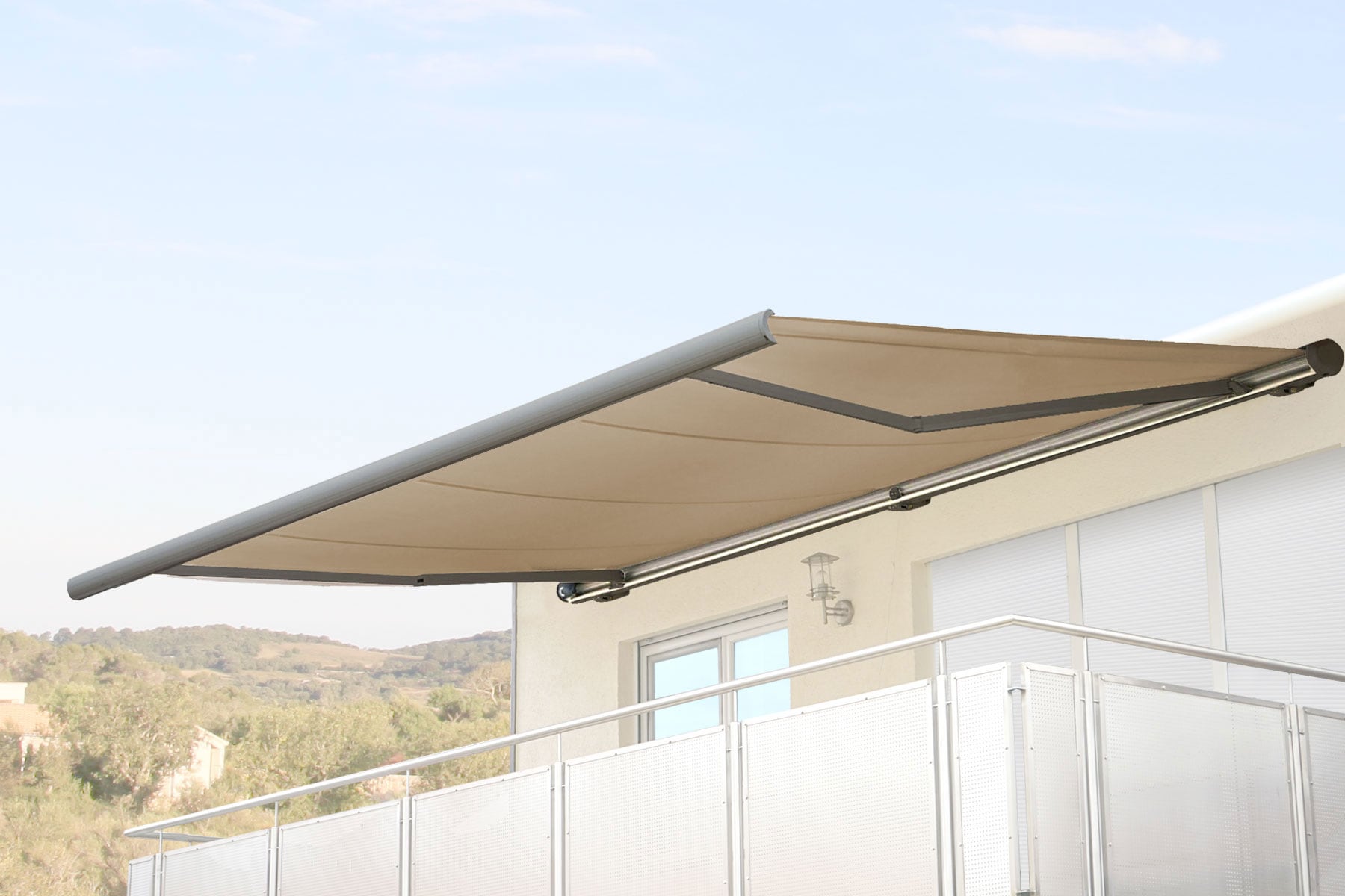 Elektrische Kassettenmarkise H122, Markise Vollkassette 4x3m ~ Polyester Creme, Rahmen grau - Bild 1