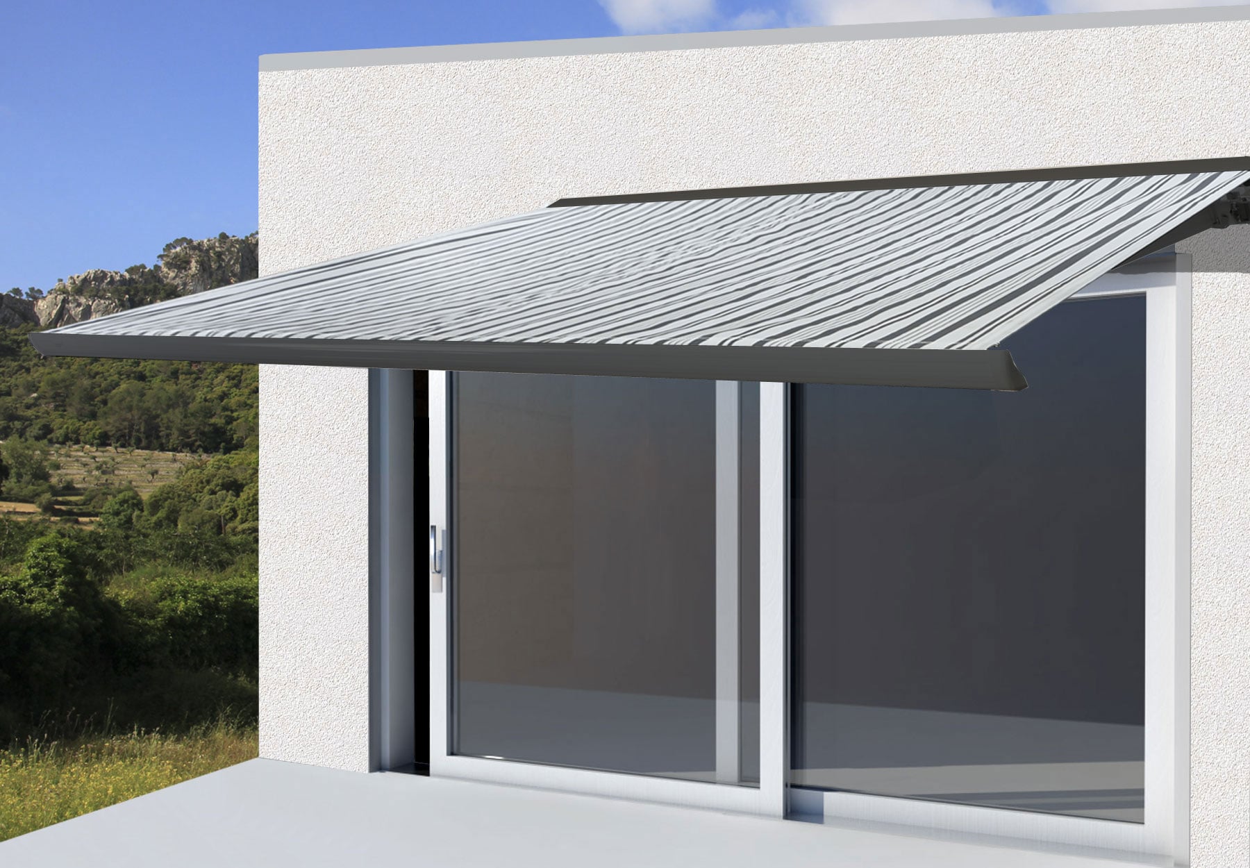 Elektrische Kassettenmarkise H122, Markise Vollkassette 4x3m ~ Polyester Grau/Wei&szlig;, Rahmen anthrazit - Bild 1