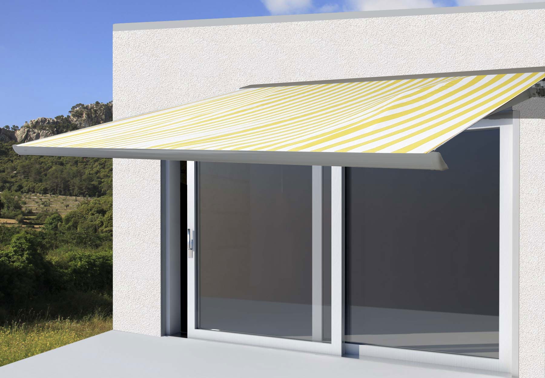 Elektrische Kassettenmarkise H122, Markise Vollkassette 4x3m ~ Polyester Gelb/Wei&szlig;, Rahmen grau - Bild 1