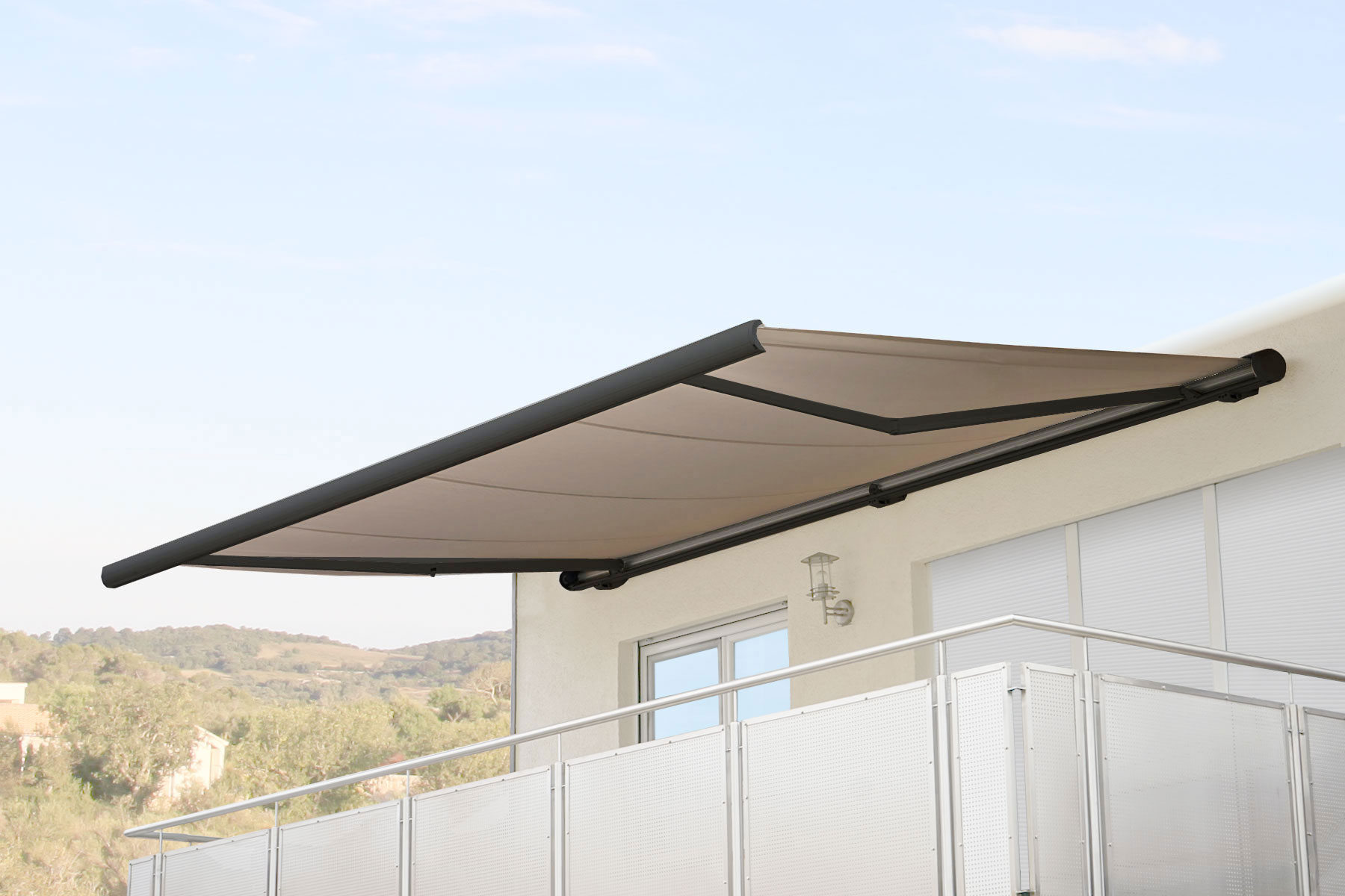 Elektrische Kassettenmarkise H122, Markise Vollkassette 4x3m ~ Polyester Sand, Rahmen anthrazit - Bild 1