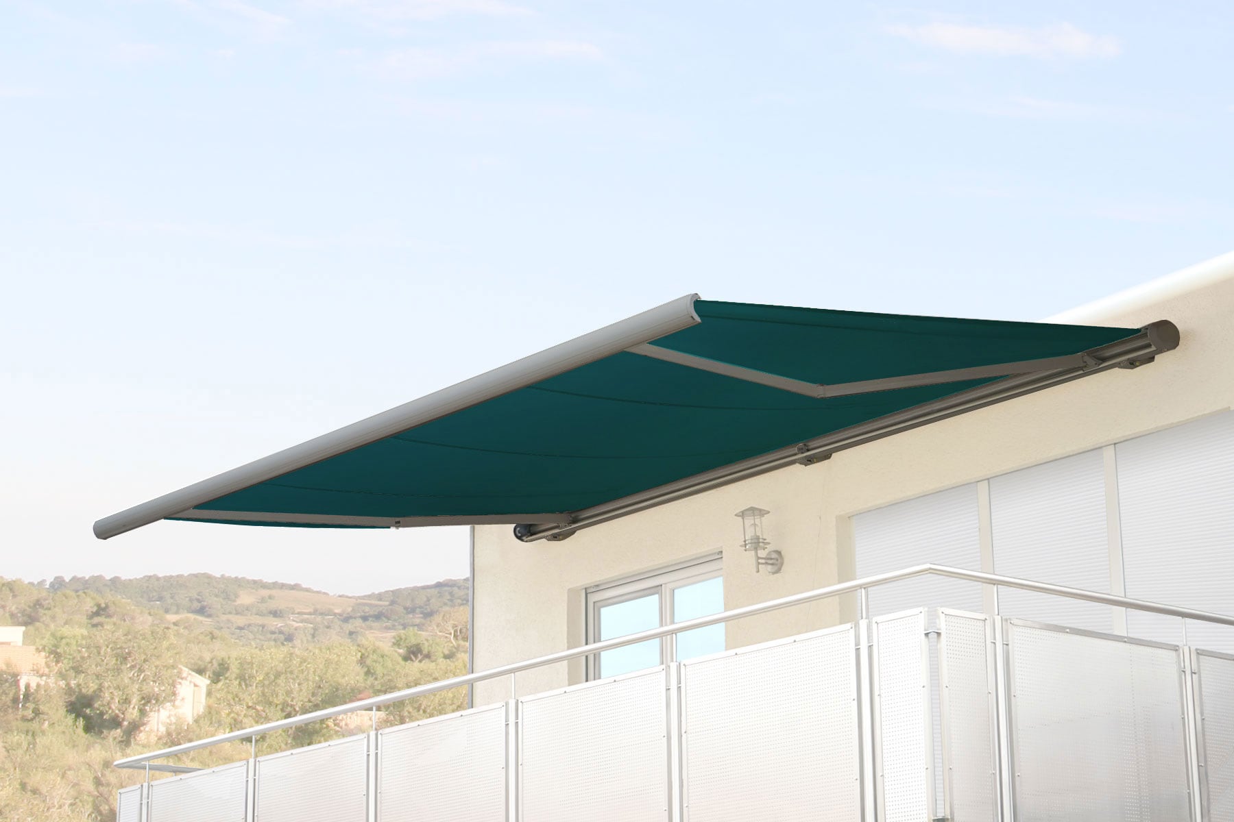 Elektrische Kassettenmarkise H122, Markise Vollkassette 4x3m ~ Polyester blau-gr&uuml;n, Rahmen grau - Bild 1