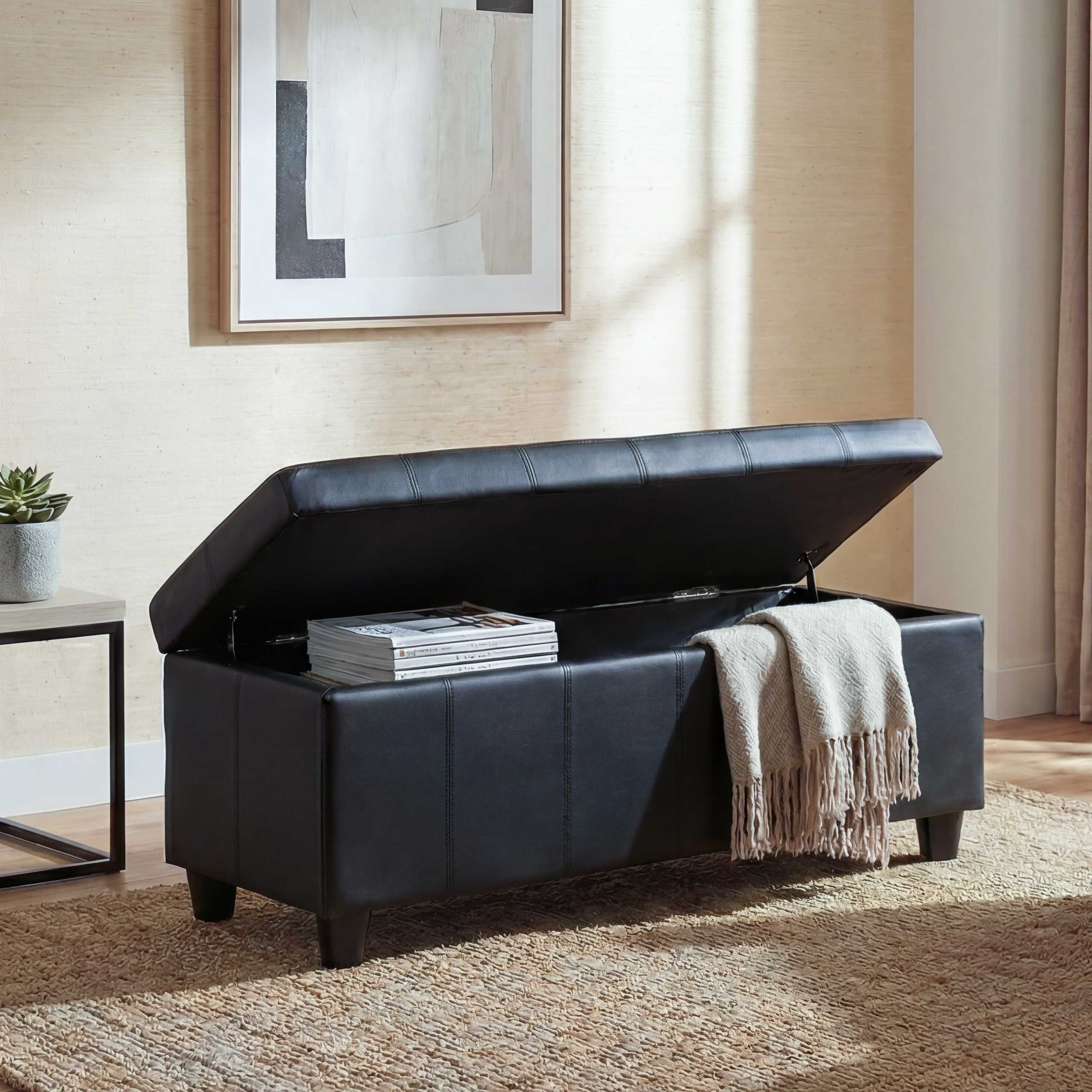 Aufbewahrungs-Truhe Kriens, Sitzbank Bank, Kunstleder, 45x114x45cm ~ schwarz matt - Bild 1