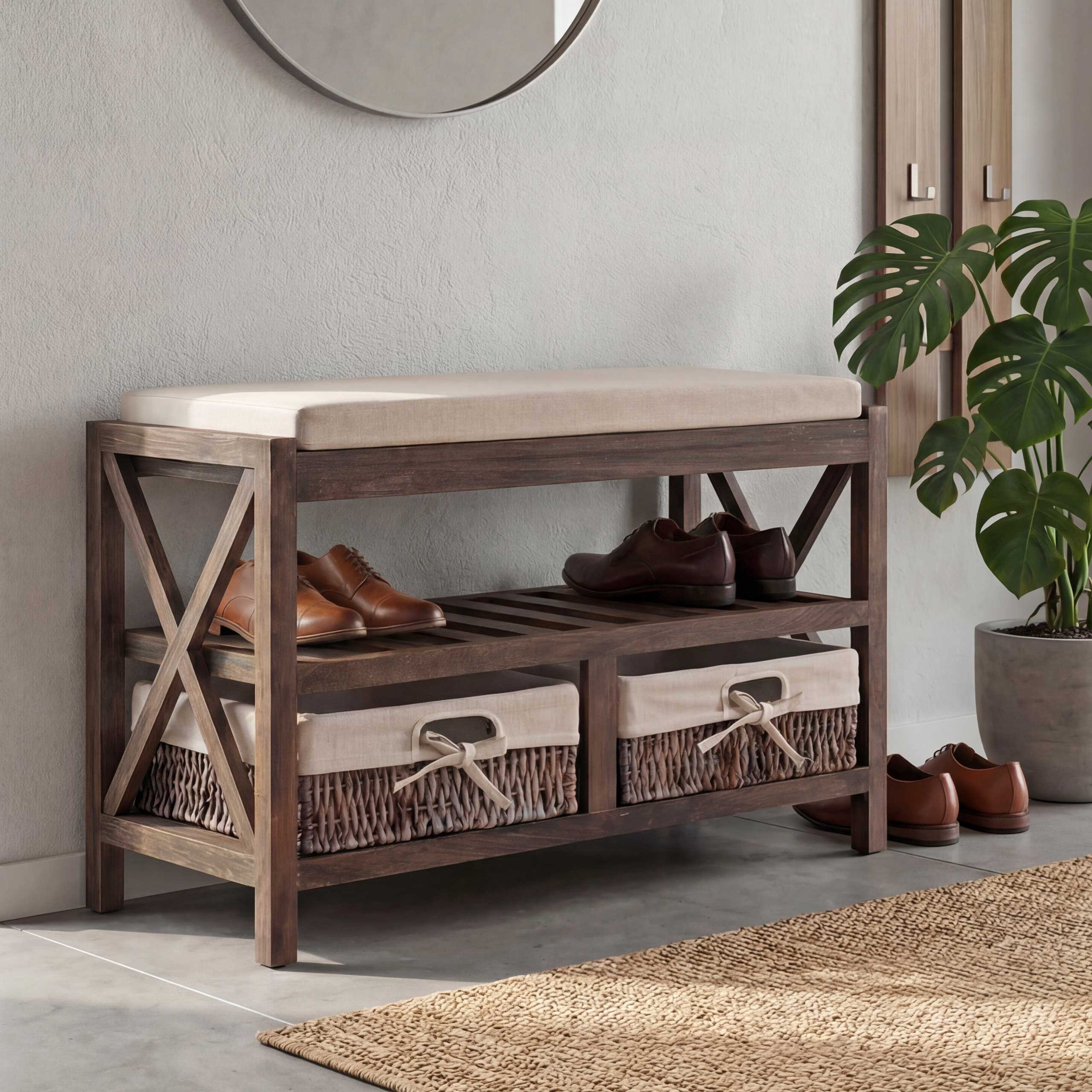 Schuhregal MCW-C48, Sitzbank Schuhablage, Shabby-Look Vintage 45x65x34cm ~ braun - Bild 1