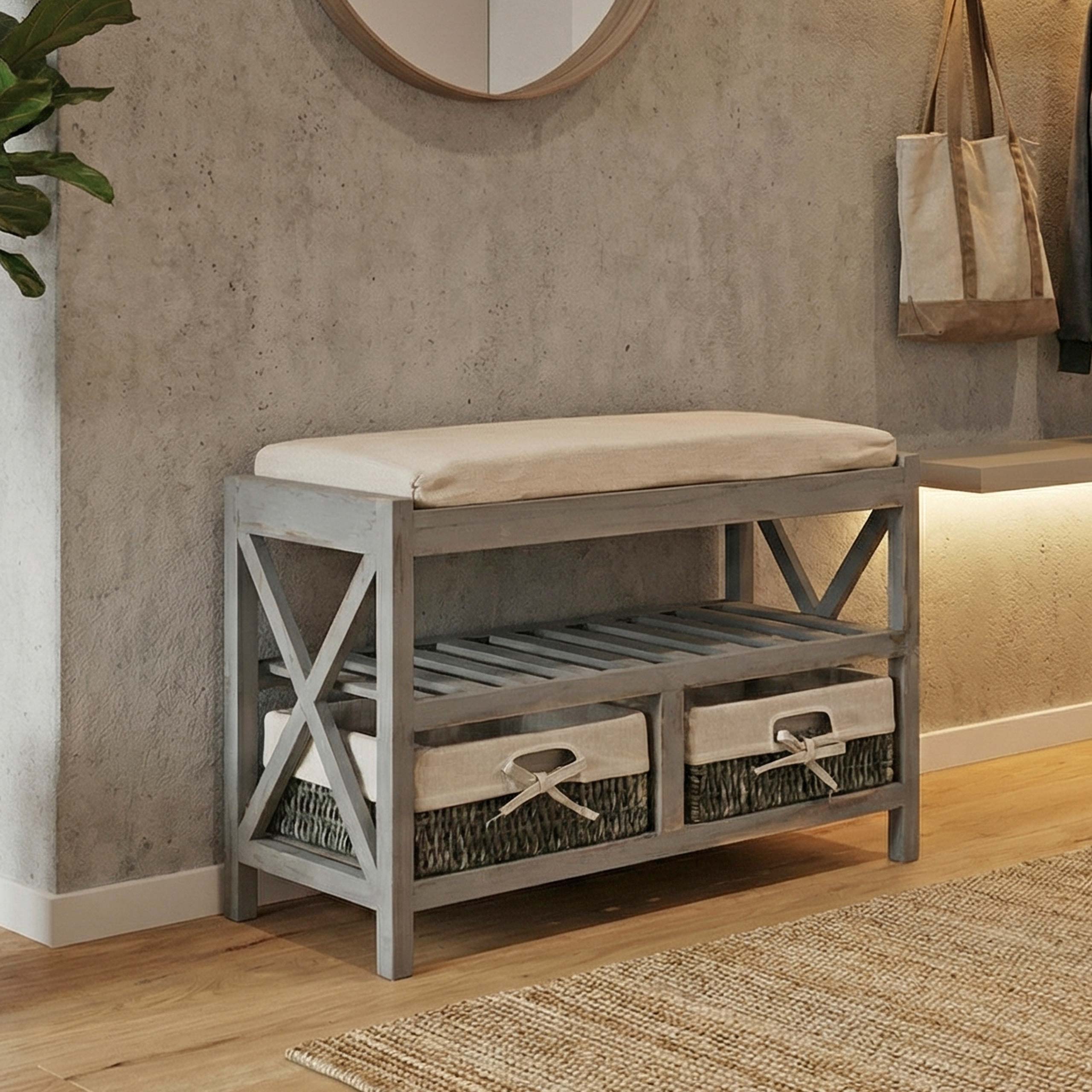 Schuhregal MCW-C48, Sitzbank Schuhablage, Shabby-Look Vintage 45x65x34cm ~ grau - Bild 1