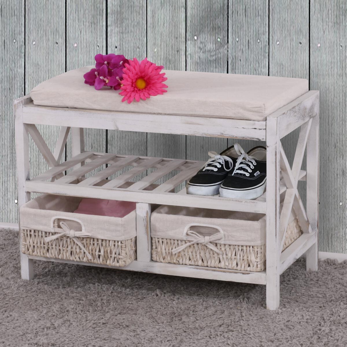 Schuhregal MCW-C48, Sitzbank Schuhablage, Shabby-Look Vintage 45x65x34cm ~ weiß | 04052826152537