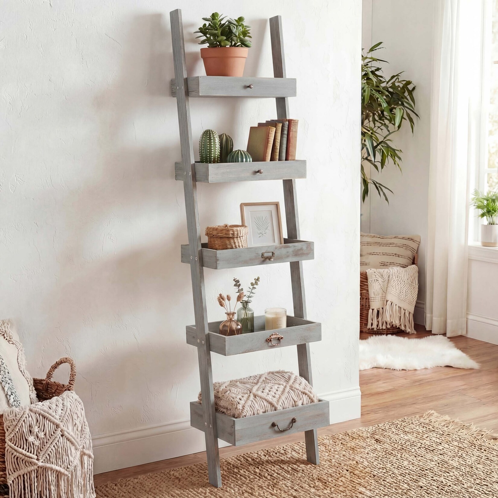 Regal Standregal Pflanzregal Blumenständer, 169x43x32cm, Shabby-Look, Vintage ~ grau