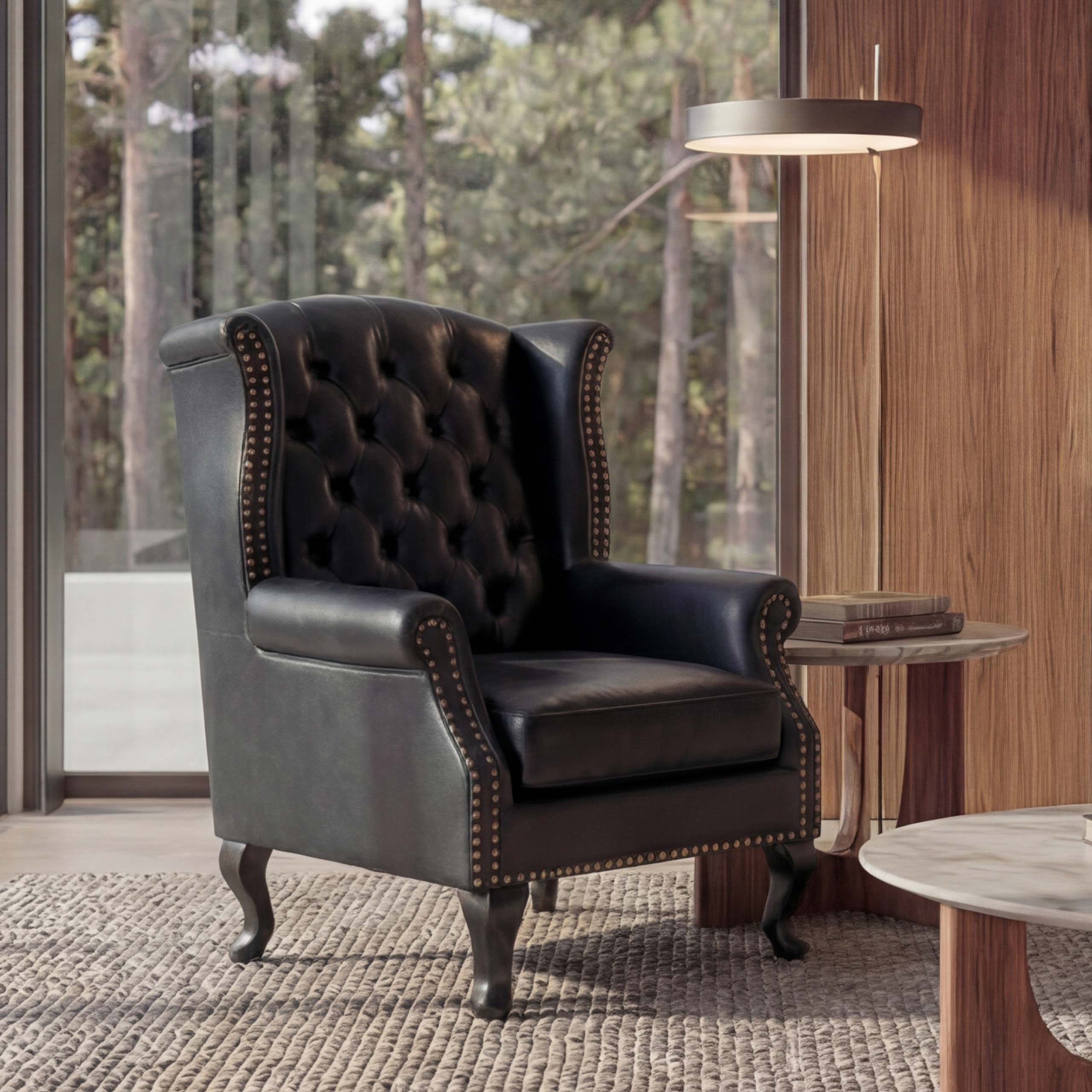 Sessel Relaxsessel Clubsessel Ohrensessel Chesterfield Oxford, Kunstleder ~ schwarz ohne Ottomane - Bild 1