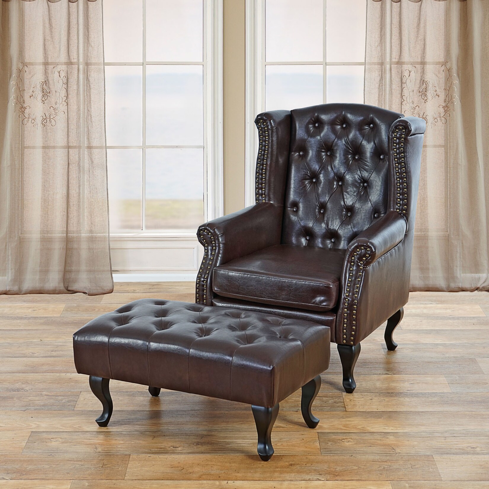 Sessel Relaxsessel Clubsessel Ohrensessel Chesterfield Oxford, Kunstleder ~ antik-braun mit Ottomane | 04052826052899