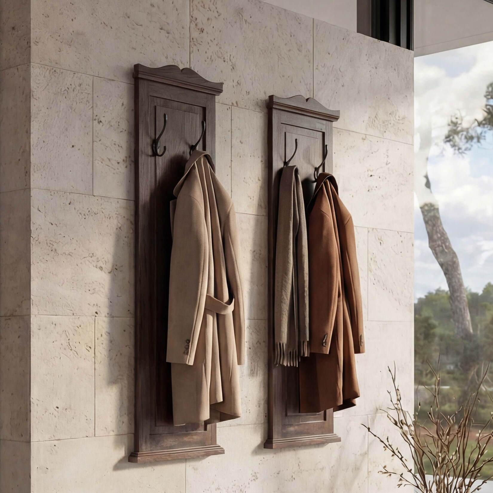 2er-Set Garderobe H33, Wandgarderobe Garderobenpaneel, Wandhaken Holz 109x28x4cm ~ braun shabby
