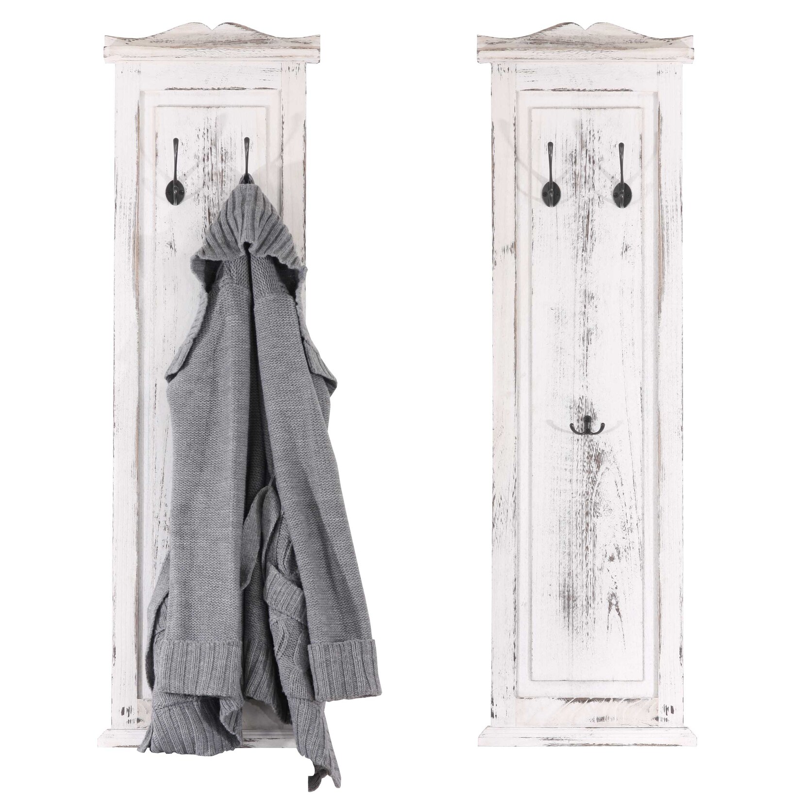 2er-Set Garderobe H33, Wandgarderobe Garderobenpaneel, Wandhaken Holz 109x28x4cm ~ weiß shabby | 04052826050338