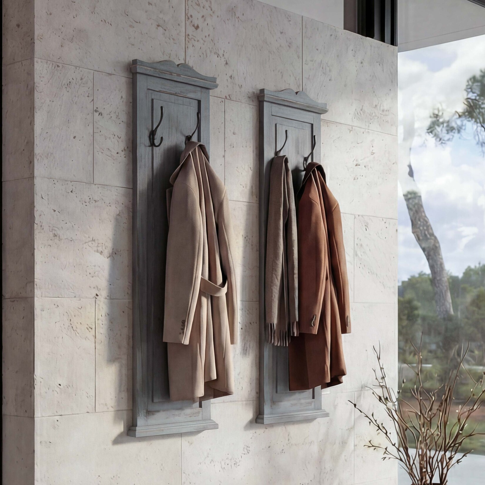 2er-Set Garderobe H33, Wandgarderobe Garderobenpaneel, Wandhaken Holz 109x28x4cm ~ grau shabby