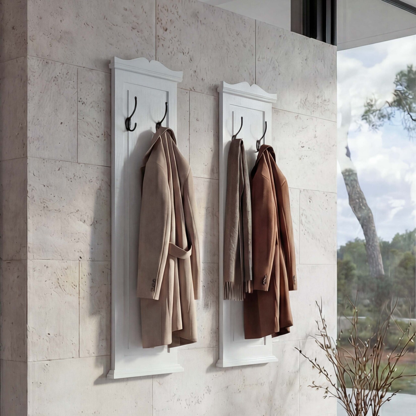 2er-Set Garderobe H33, Wandgarderobe Garderobenpaneel, Wandhaken Holz 109x28x4cm ~ weiß lackiert