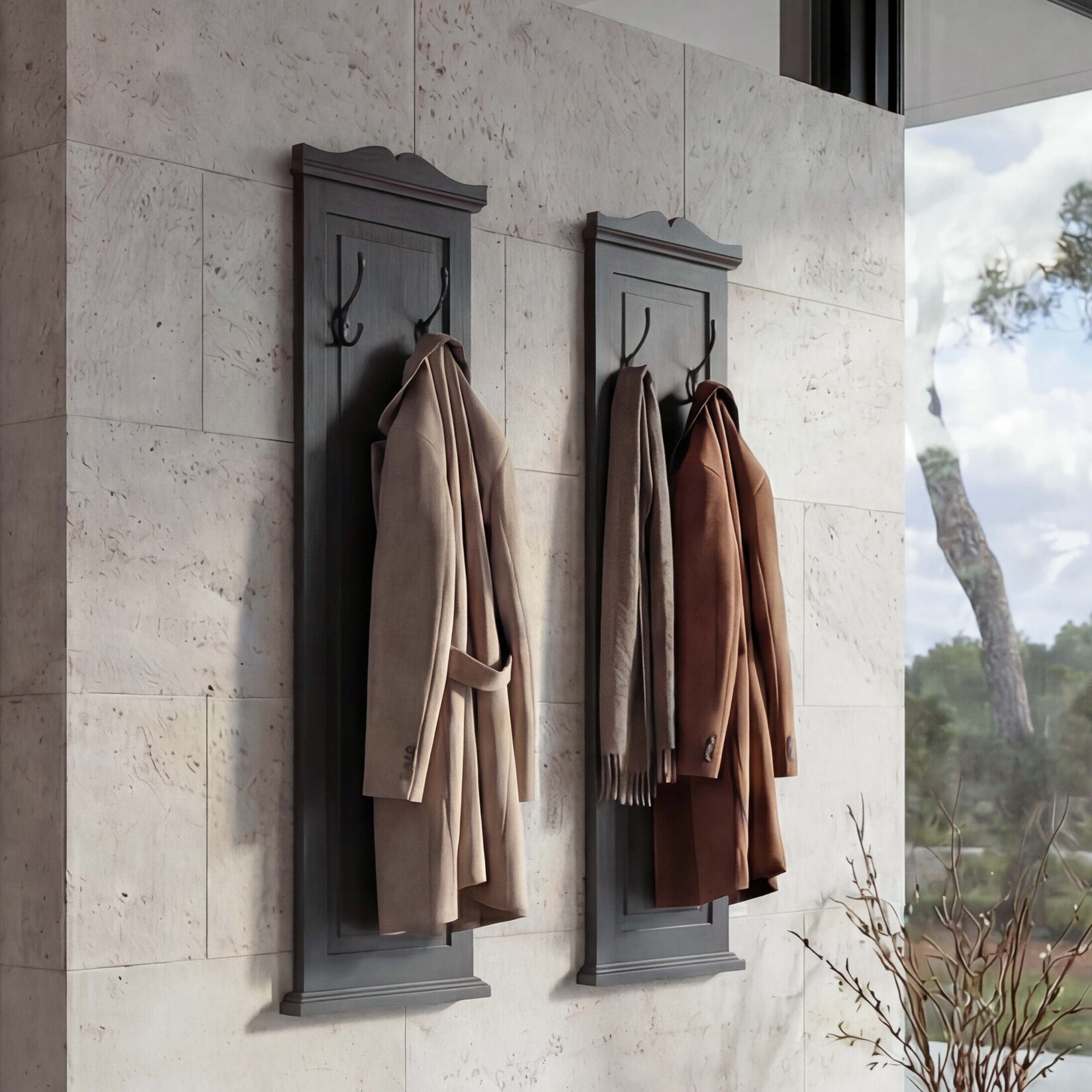 2er-Set Garderobe H33, Wandgarderobe Garderobenpaneel, Wandhaken Holz 109x28x4cm ~ dunkelgrau lackiert