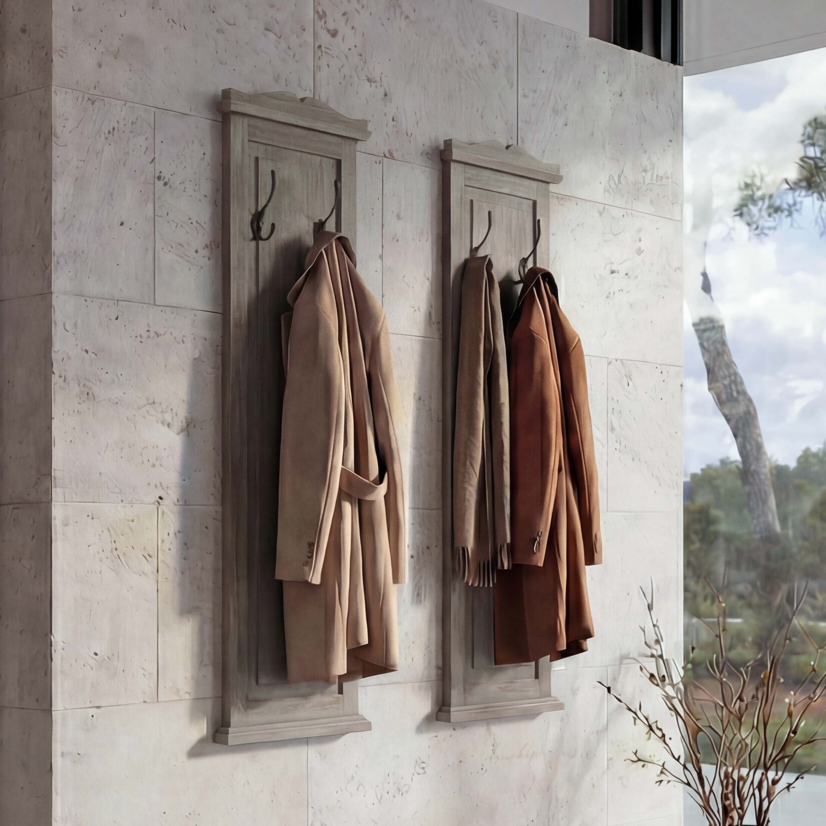 2er-Set Garderobe H33, Wandgarderobe Garderobenpaneel, Wandhaken Holz 109x28x4cm ~ grau-braun shabby