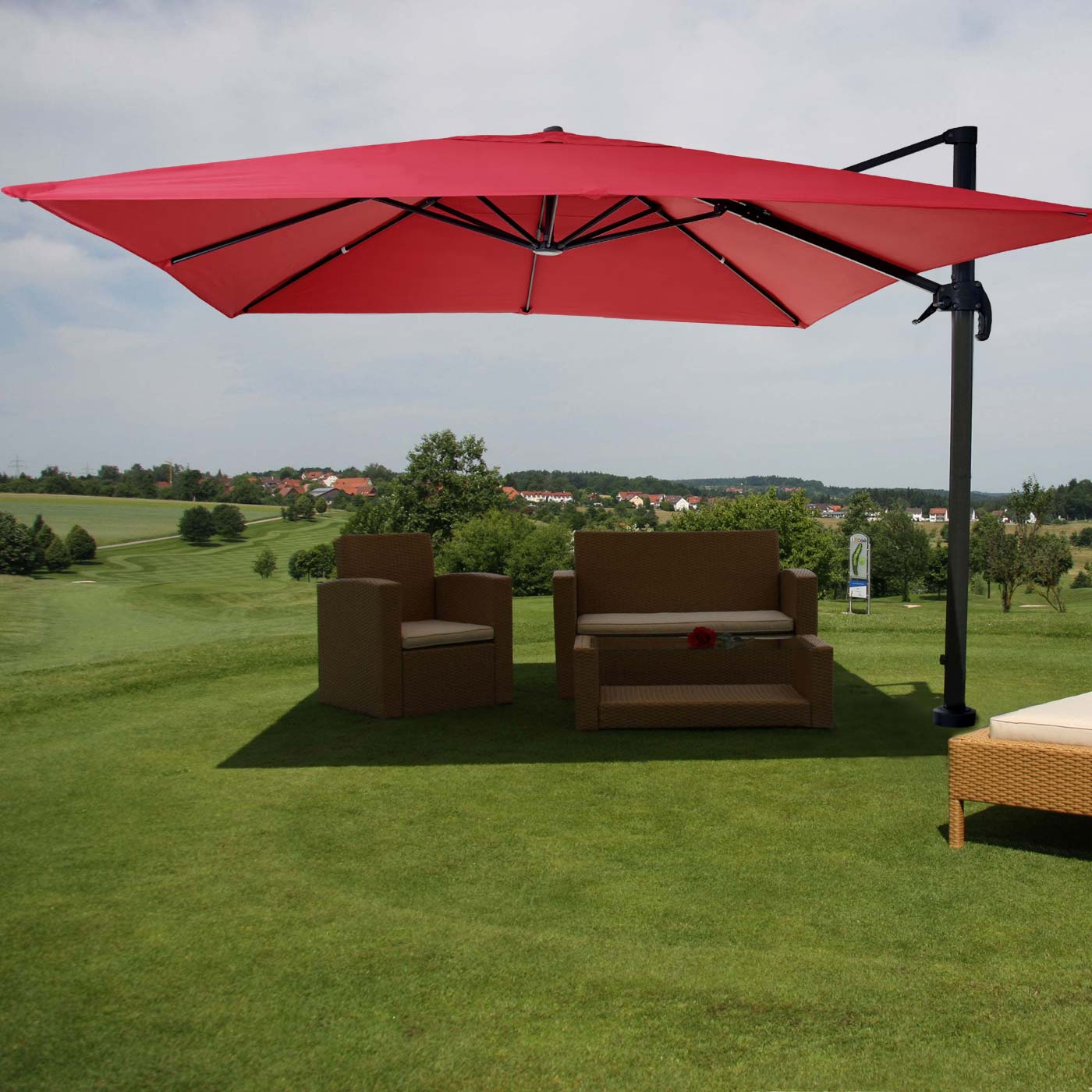 Gastronomie-Ampelschirm MCW-A96, Sonnenschirm 3x3m (&Oslash;4,24m) Polyester Alu/Stahl 23kg ~ rot ohne St&auml;nder, drehbar - Bild 1