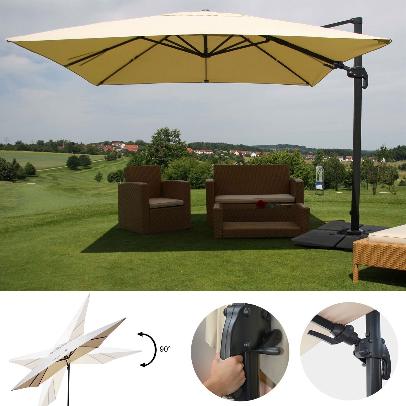 Gastronomie-Ampelschirm MCW-A96, 3x4m (Ø5m) schwenkbar, Polyester/Alu 26kg ~ creme mit Ständer