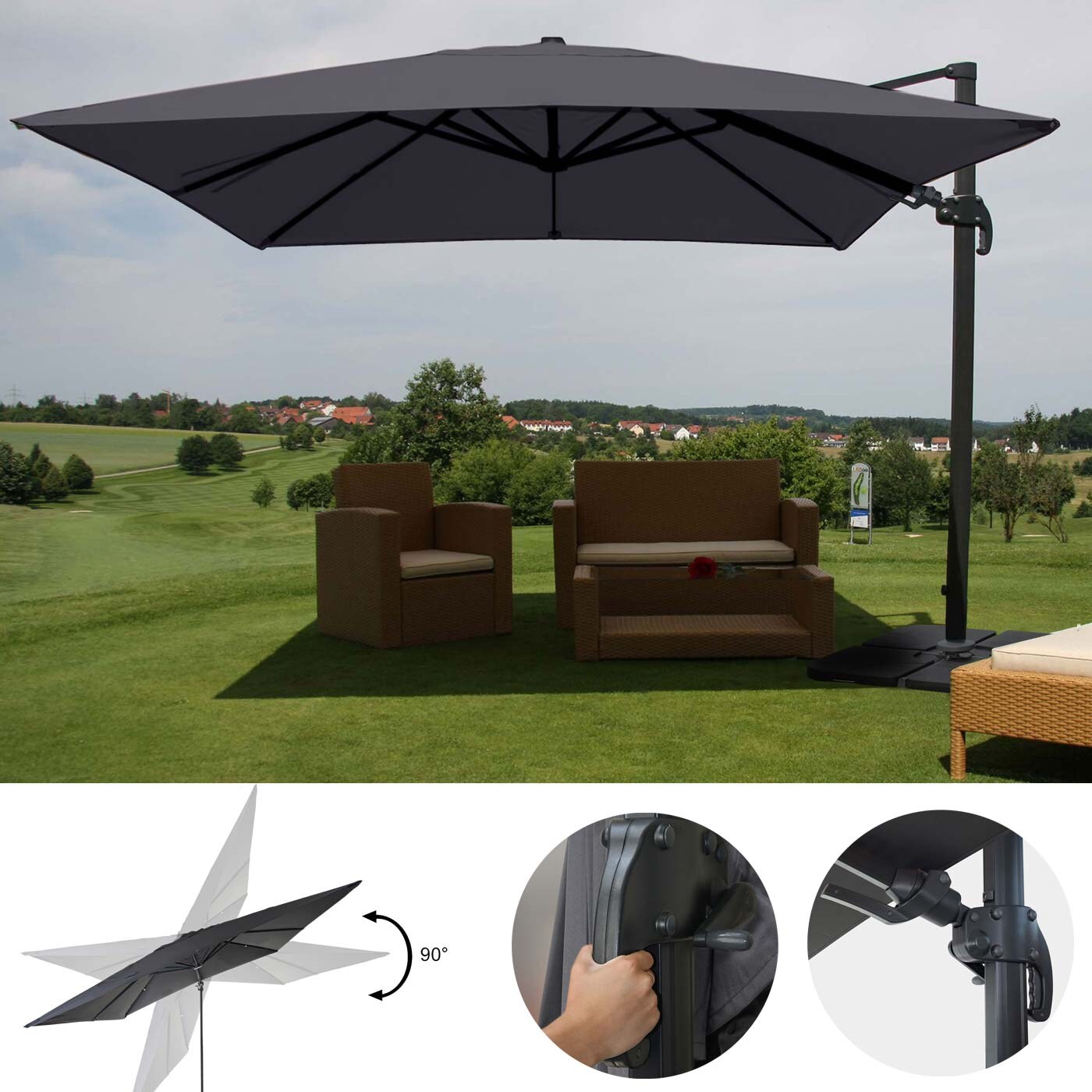 Gastronomie-Ampelschirm MCW-A96, 3x3m (Ø4,24m) schwenkbar, Polyester Alu/Stahl 23kg ~ anthrazit mit Ständer, drehbar