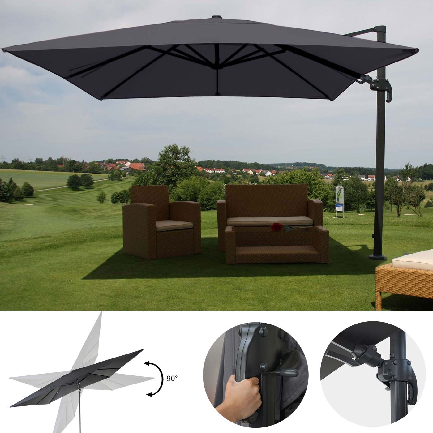 Gastronomie-Ampelschirm MCW-A96, 3x3m (Ø4,24m) schwenkbar, Polyester Alu/Stahl 23kg ~ anthrazit ohne Ständer, drehbar