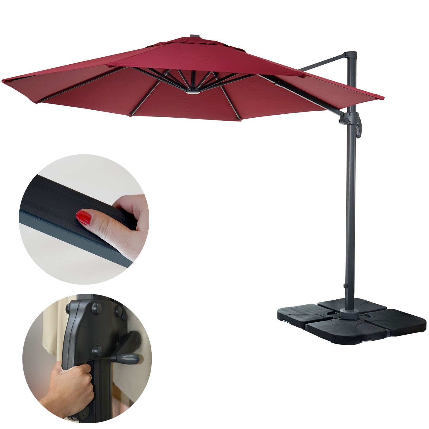 Gastronomie-Ampelschirm MCW-A96, Sonnenschirm, rund Ø 3m Polyester Alu/Stahl 23kg ~ bordeaux mit Ständer, drehbar