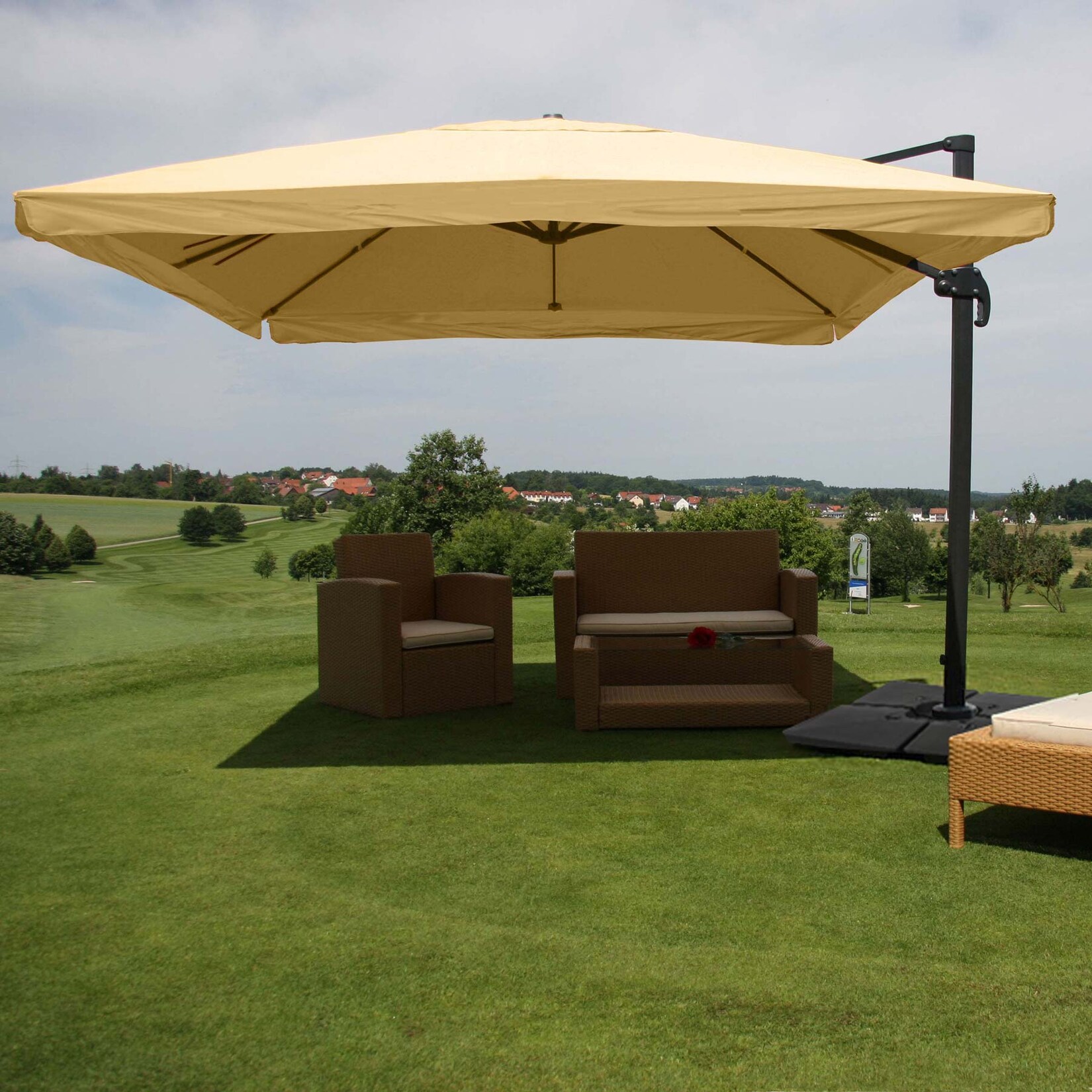Gastronomie-Ampelschirm MCW-A96, Sonnenschirm, 3x4m (Ø5m) Polyester/Alu 26kg ~ Flap, creme mit Ständer