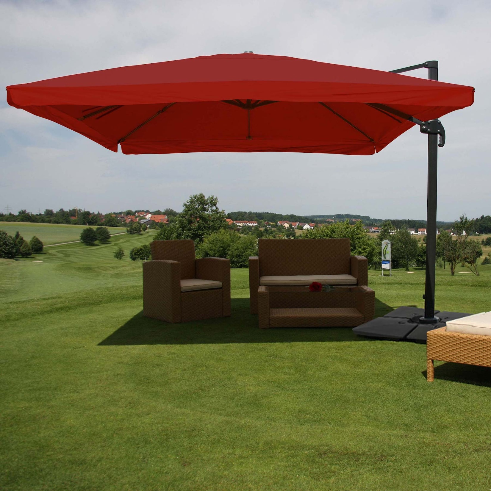 Gastronomie-Ampelschirm MCW-A96, Sonnenschirm, 3x4m (Ø5m) Polyester/Alu 26kg ~ Flap, bordeaux mit Ständer