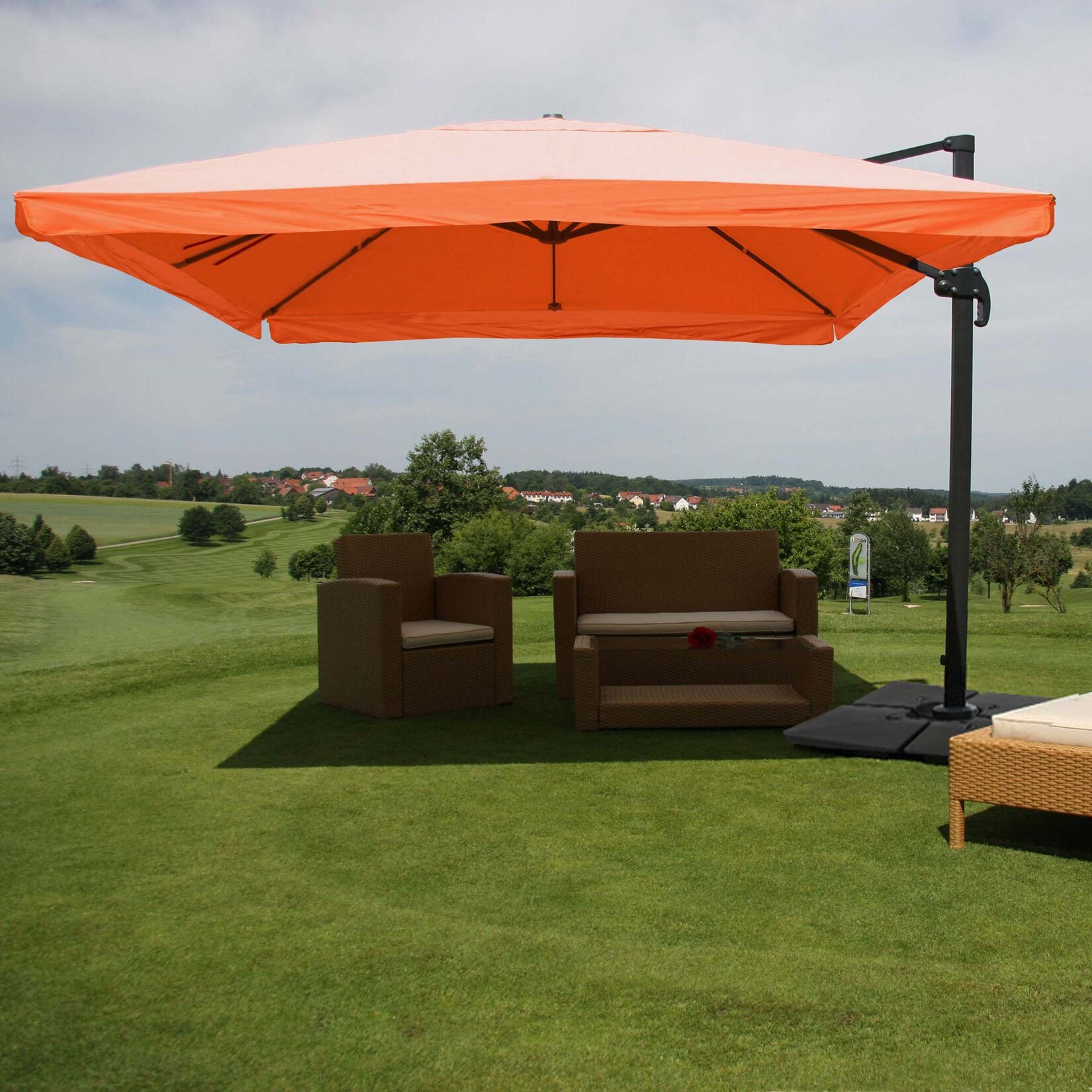 Gastronomie-Ampelschirm MCW-A96, Sonnenschirm, 3x4m (Ø5m) Polyester/Alu 26kg ~ Flap, terracotta mit Ständer