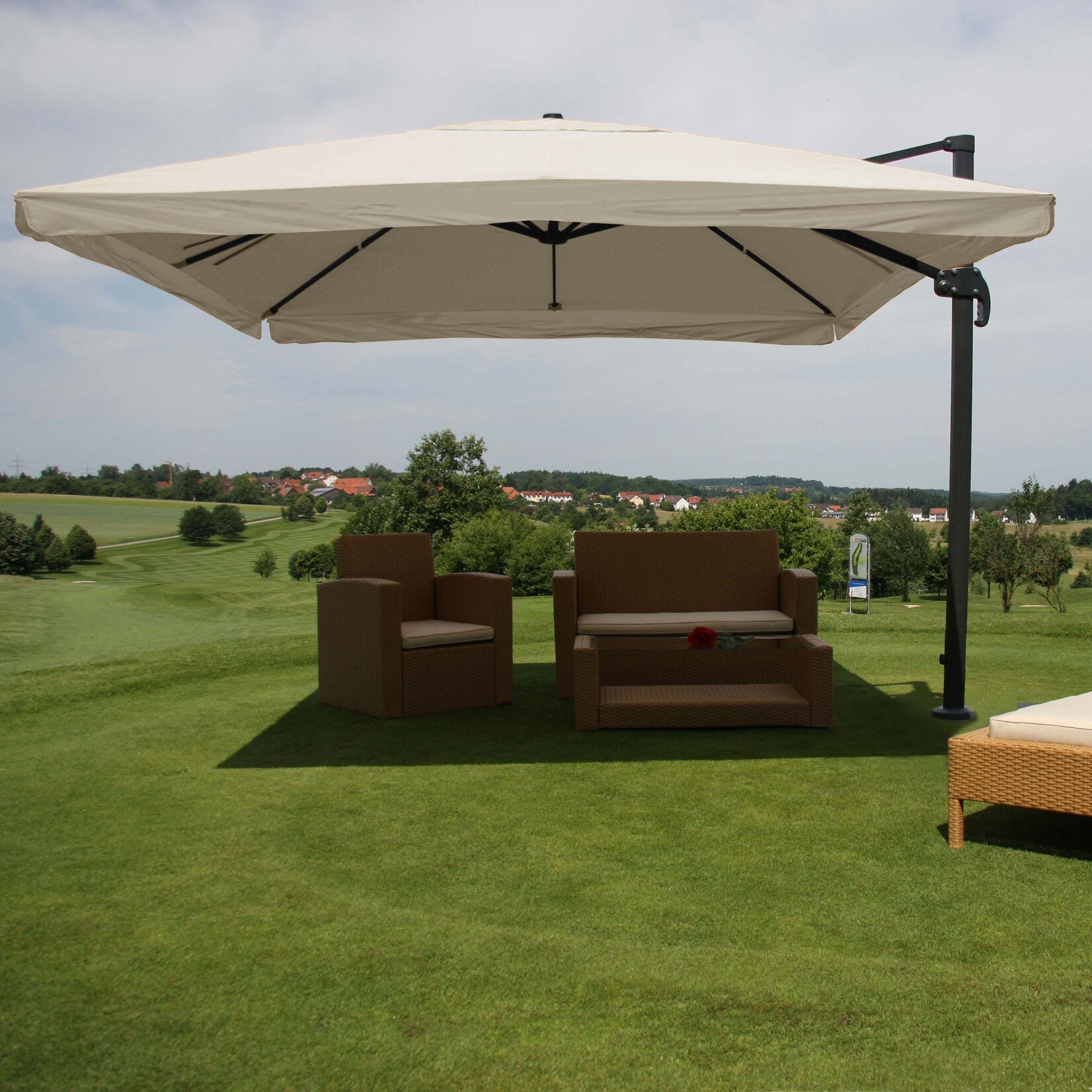 Gastronomie-Ampelschirm MCW-A96, Sonnenschirm, 3x4m (Ø5m) Polyester/Alu 26kg ~ Flap, creme-grau ohne Ständer