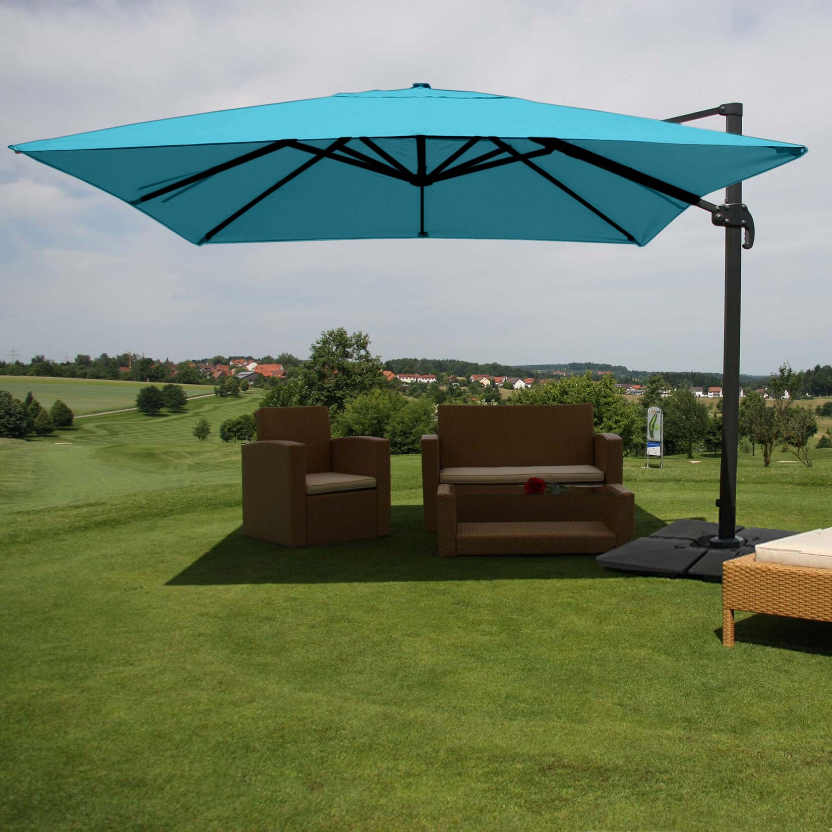 Gastronomie-Ampelschirm MCW-A96, Sonnenschirm, 3x4m (Ø5m) Polyester/Alu 26kg ~ türkis mit Ständer