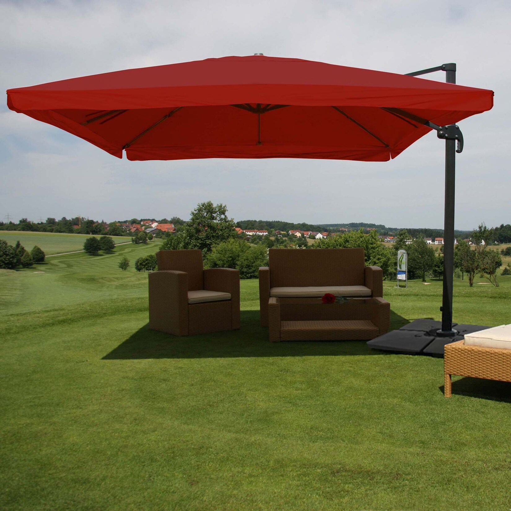 Gastronomie-Ampelschirm MCW-A96, 3x4m (Ø5m) Polyester Alu/Stahl 26kg ~ Flap, bordeaux mit Ständer, drehbar