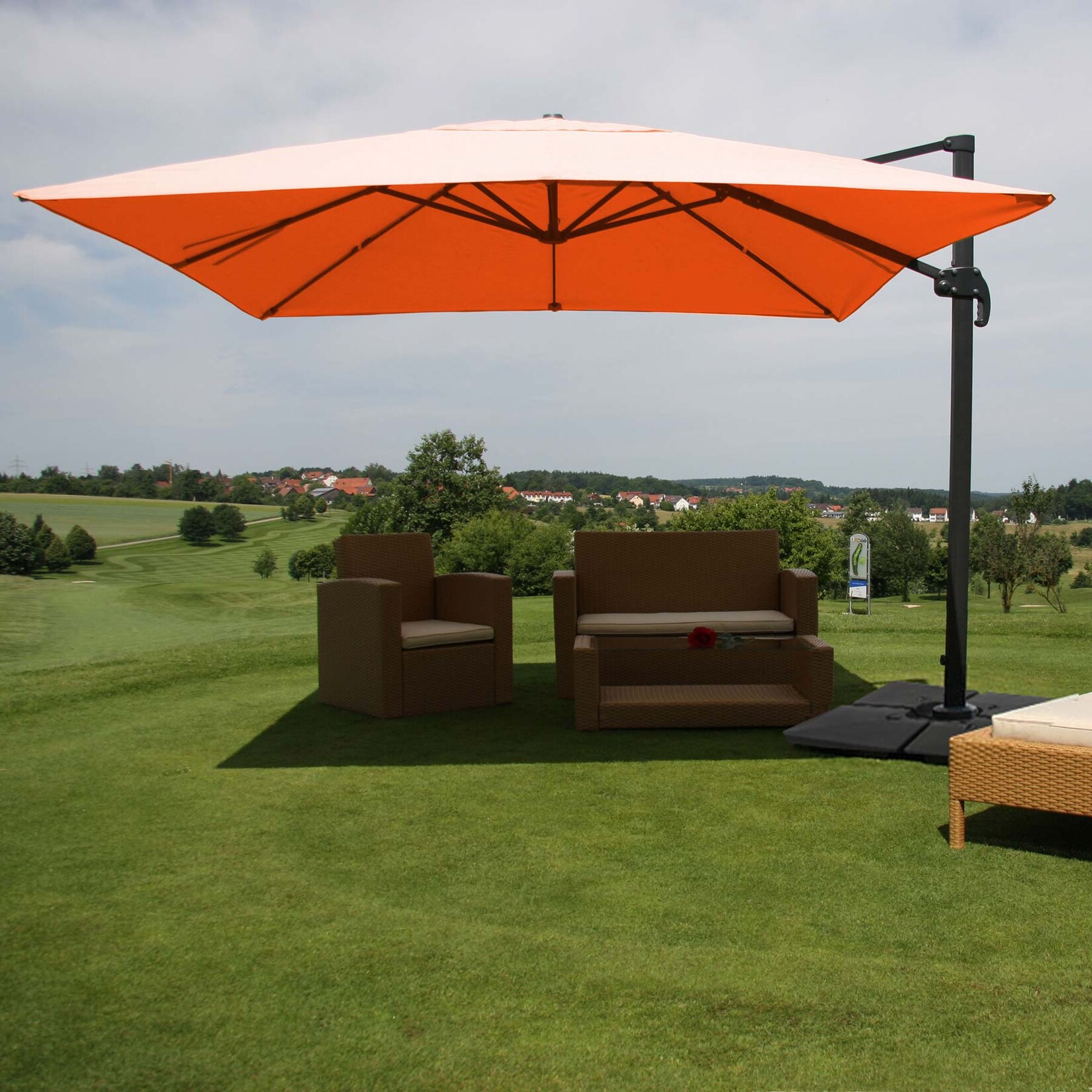 Gastronomie-Ampelschirm MCW-A96, 3x4m (Ø5m) Polyester Alu/Stahl 26kg ~ terracotta mit Ständer, drehbar