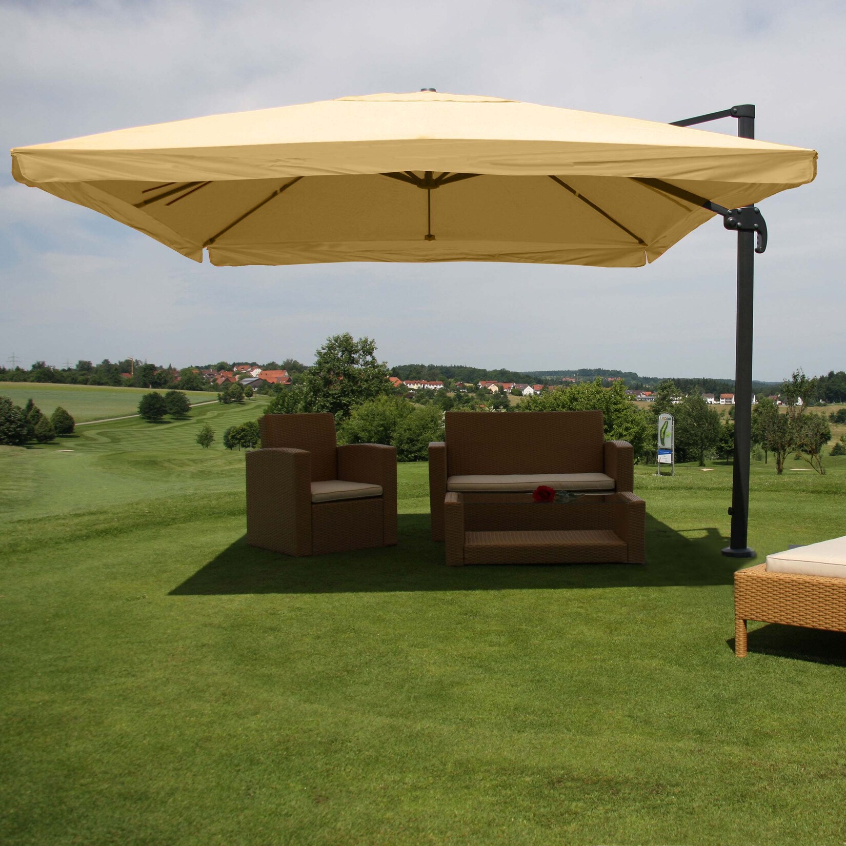 Ampelschirm MCW-A96, Sonnenschirm Gastronomie 3x3m (Ø4,24m) Polyester/Alu 23kg ~ Flap, creme ohne Ständer, drehbar