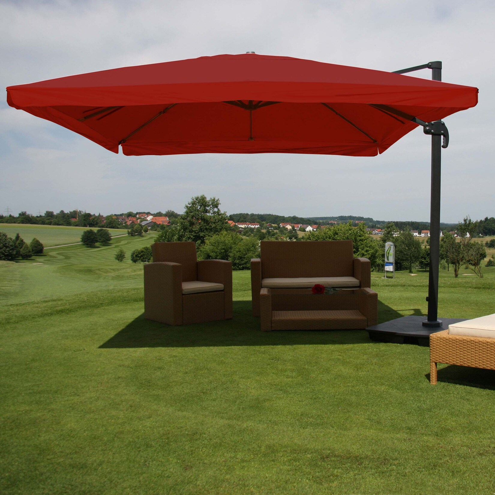 Ampelschirm MCW-A96, Sonnenschirm Gastronomie 3x3m (Ø4,24m) Polyester/Alu 23kg ~ Flap, bordeaux mit Ständer