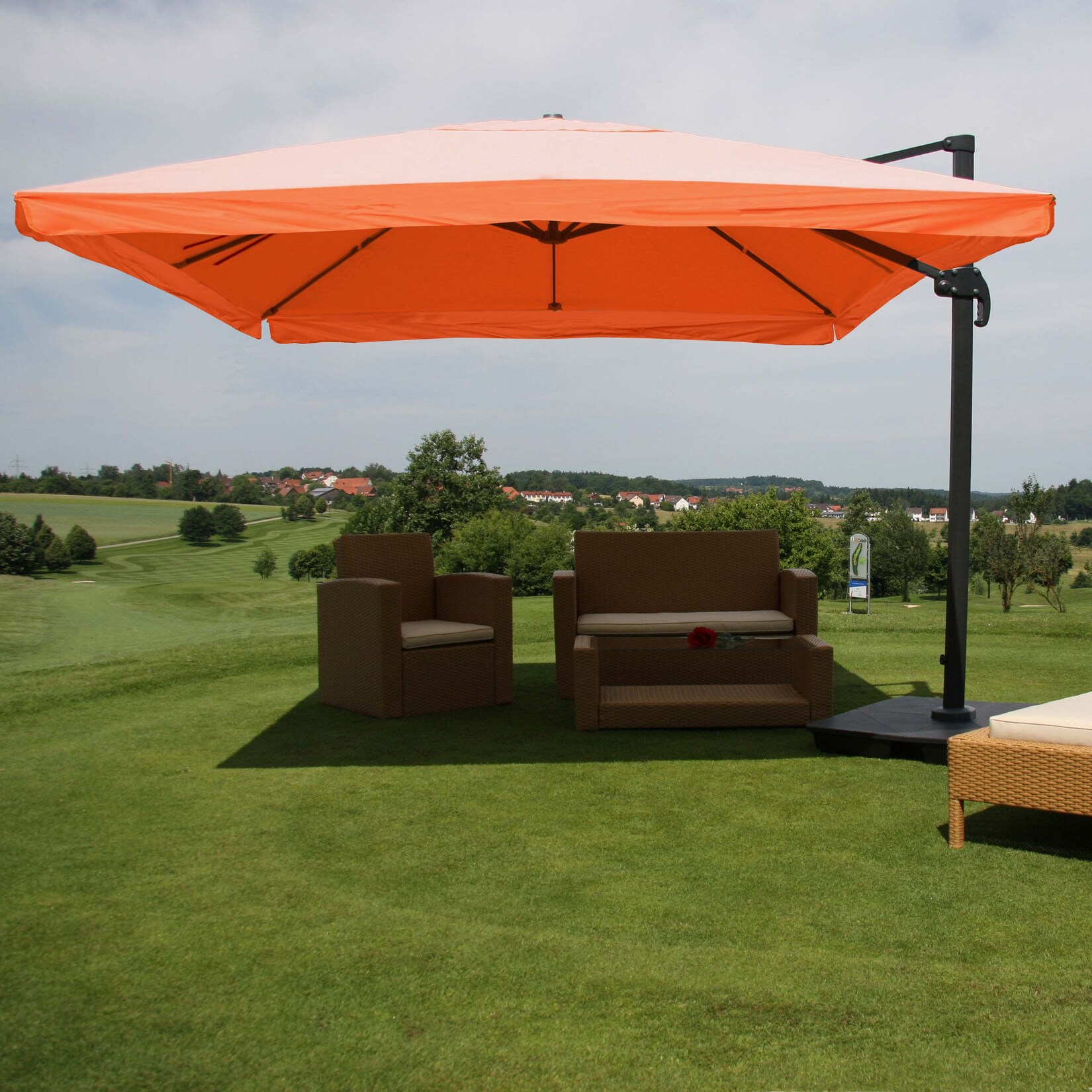 Ampelschirm MCW-A96, Gastronomie, 3x3m (Ø4,24m) Polyester Alu/Stahl 23kg ~ Flap, terracotta mit Ständer
