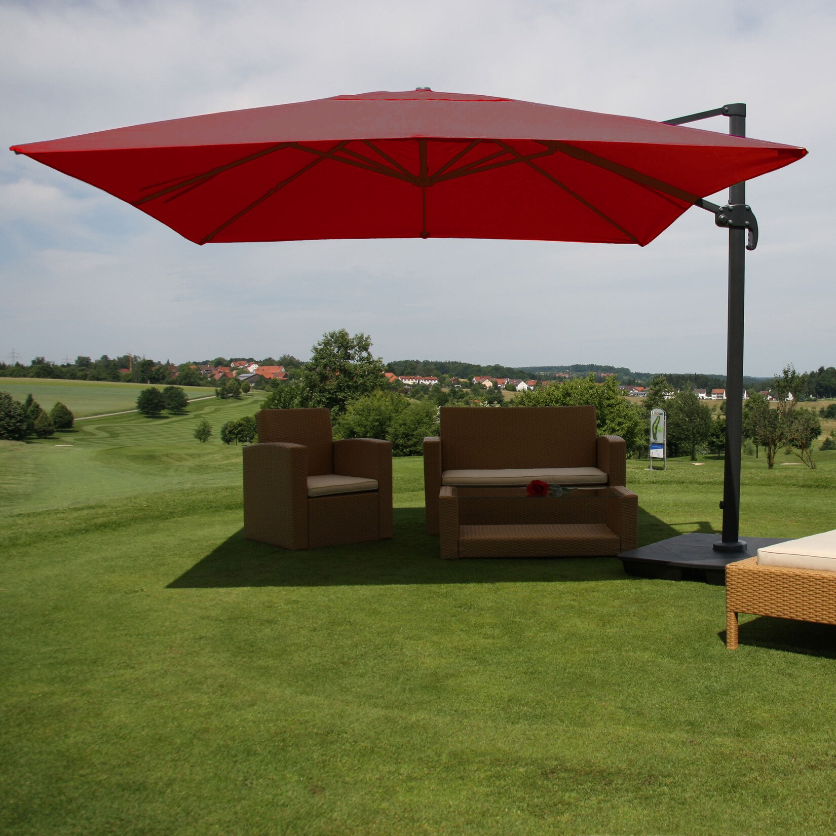 Ampelschirm MCW-A96, Gastronomie Sonnenschirm, 3x3m (Ø4,24m) Polyester/Alu 23kg ~ bordeaux mit Ständer
