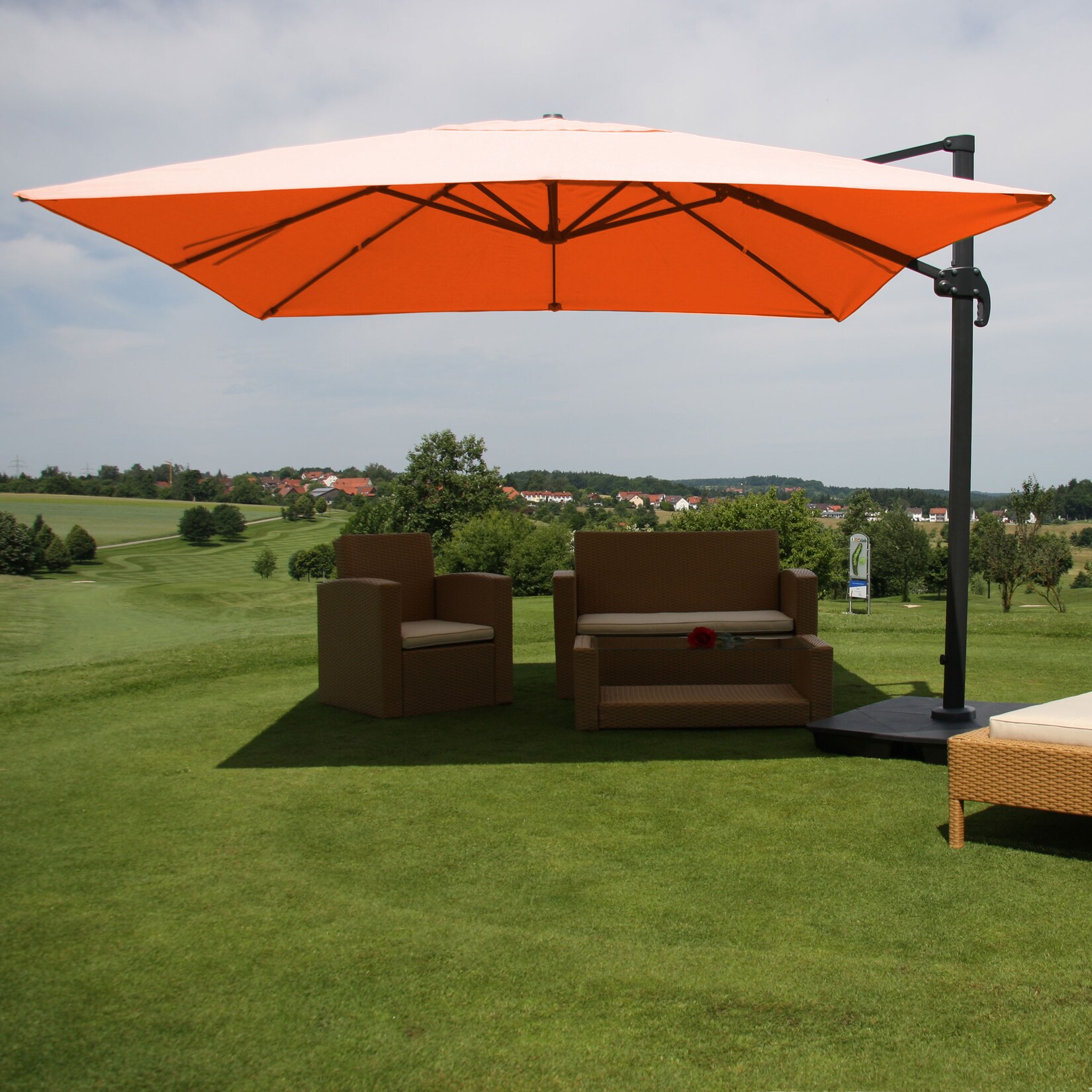 Ampelschirm MCW-A96, Gastronomie Sonnenschirm, 3x3m (Ø4,24m) Polyester/Alu 23kg ~ terracotta mit Ständer, drehbar