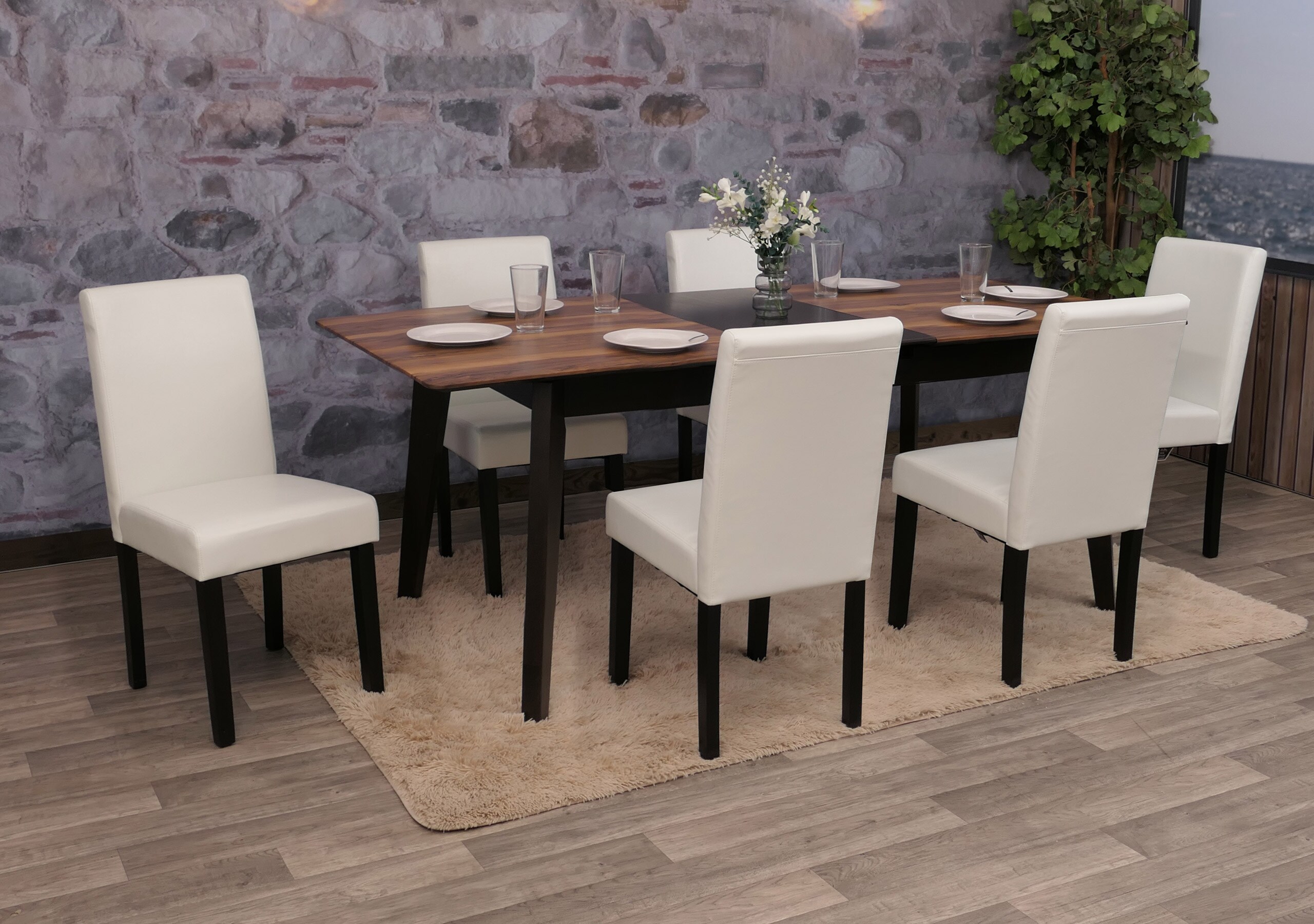 6er-Set Esszimmerstuhl Stuhl K&uuml;chenstuhl Littau ~ Kunstleder, wei&szlig;, dunkle Beine - Bild 1