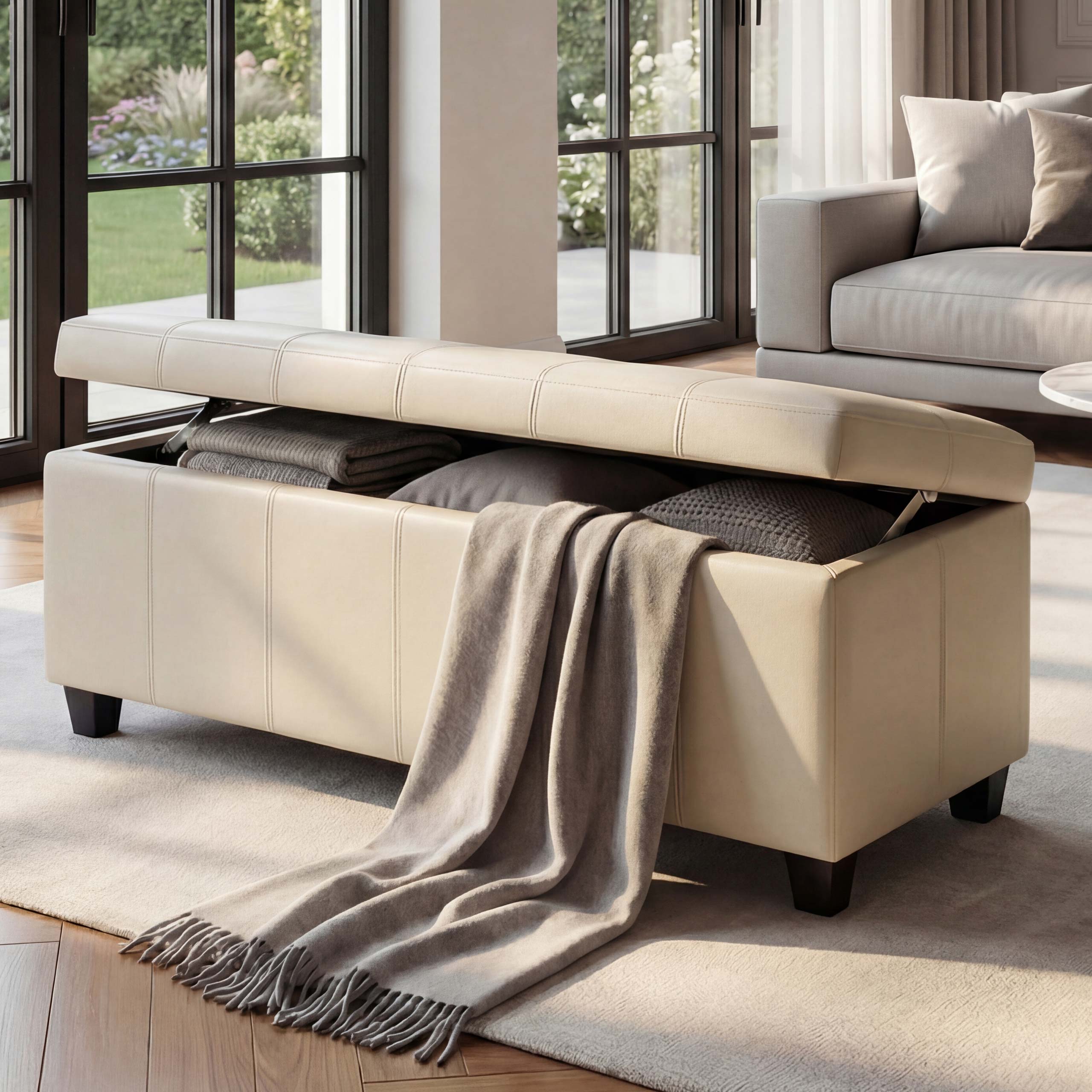 Aufbewahrungs-Truhe Sitzbank Arezzo, Leder + Kunstleder, 112x45x45cm MVG-zertifiziert ~ creme - Bild 1