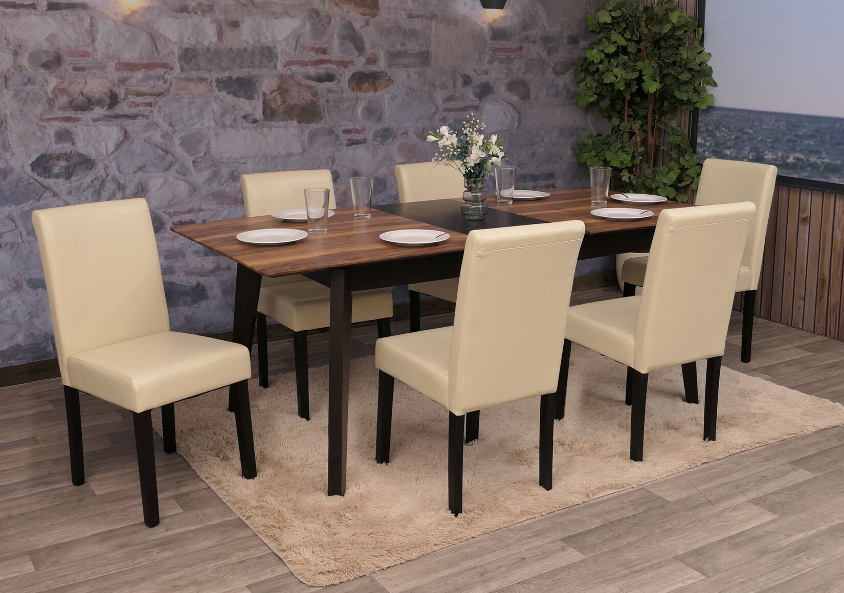 6er-Set Esszimmerstuhl Stuhl Küchenstuhl Littau, Leder ~ creme/dunkle Beine