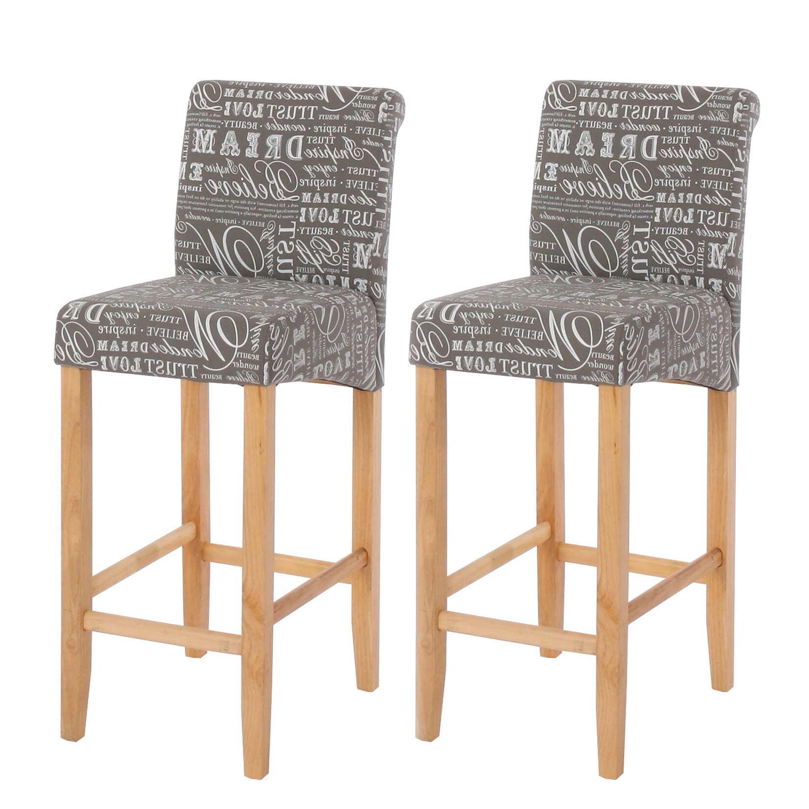 2er-Set Barhocker MCW-C33, Barstuhl Tresenhocker ~ Schriftzug, grau, helle Beine, Textil