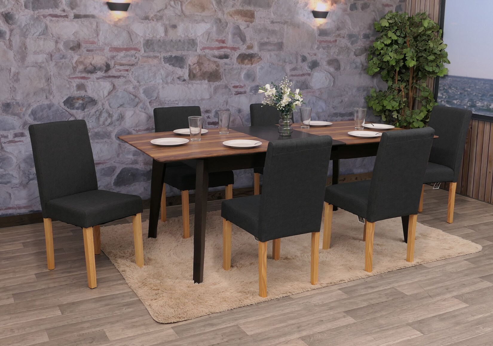 6er-Set Esszimmerstuhl Stuhl Küchenstuhl Littau ~ Textil, schwarz, helle Beine
